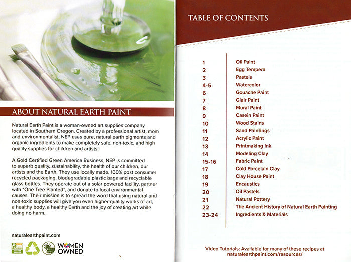 Table of contents for a natural earth paint book with a green paint sample on the left.