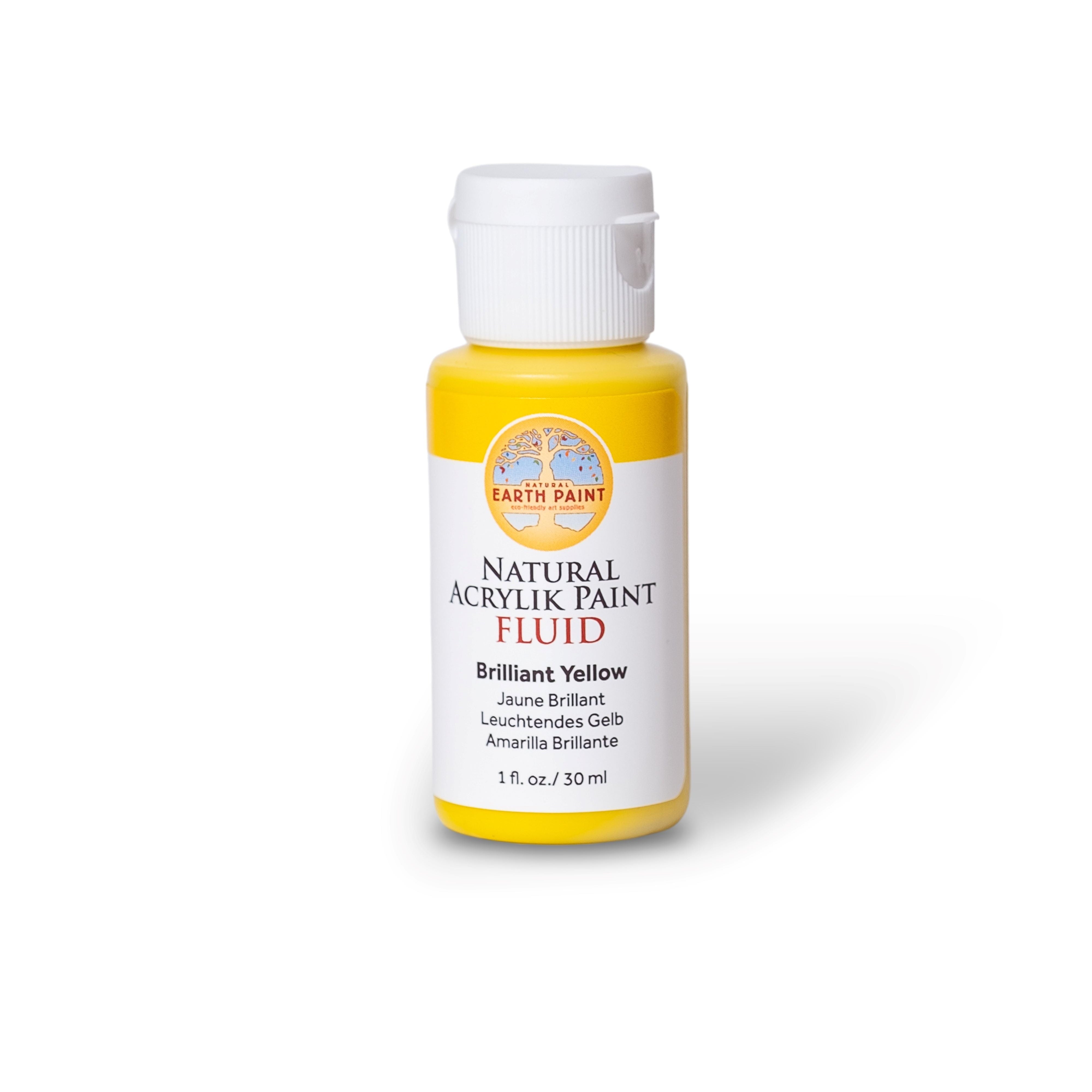 Bottle of Natural Acrylic Paint in Brilliant Yellow on a white background