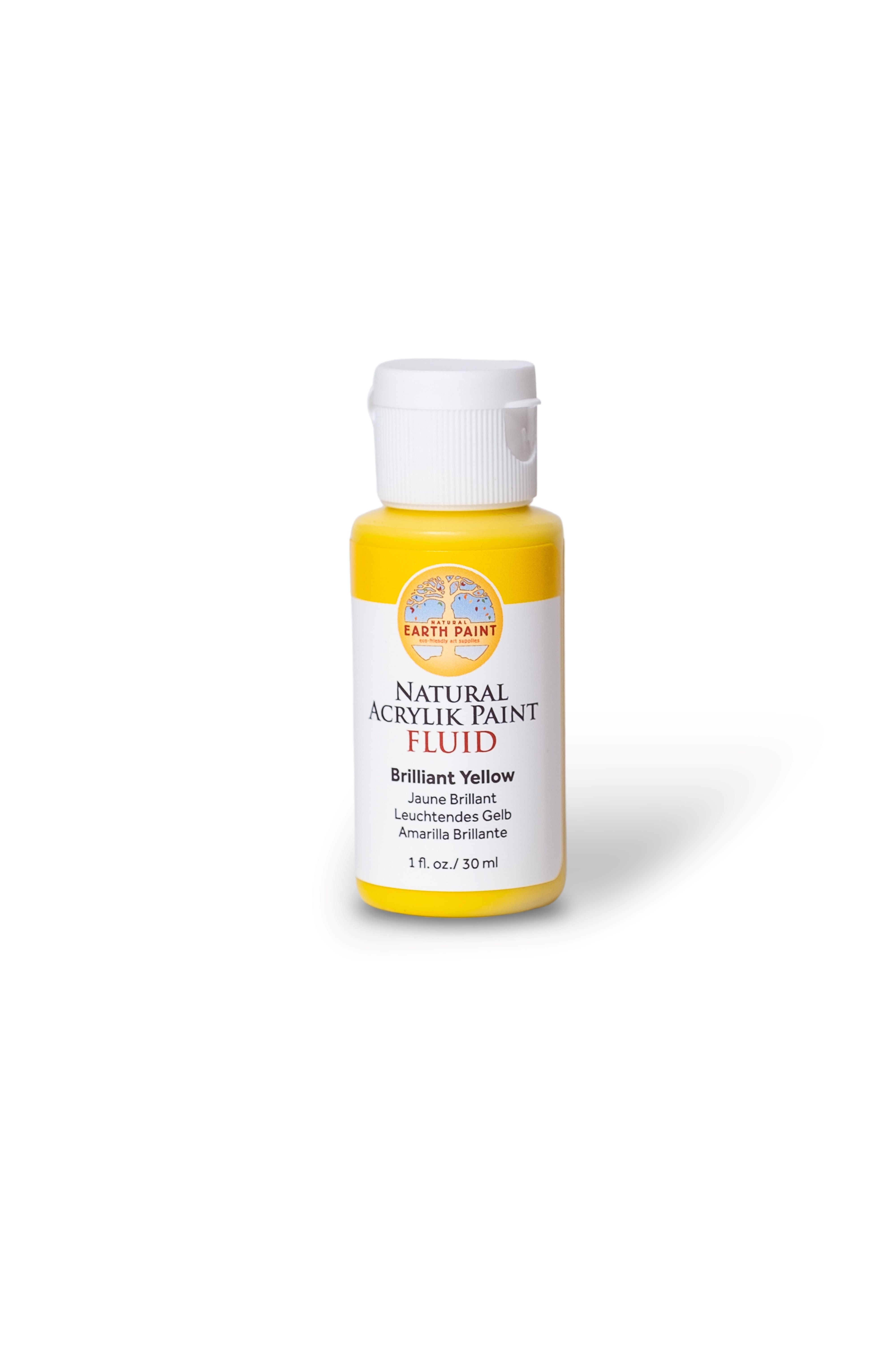 Bottle of Natural Acrylic Paint in Brilliant Yellow on a white background