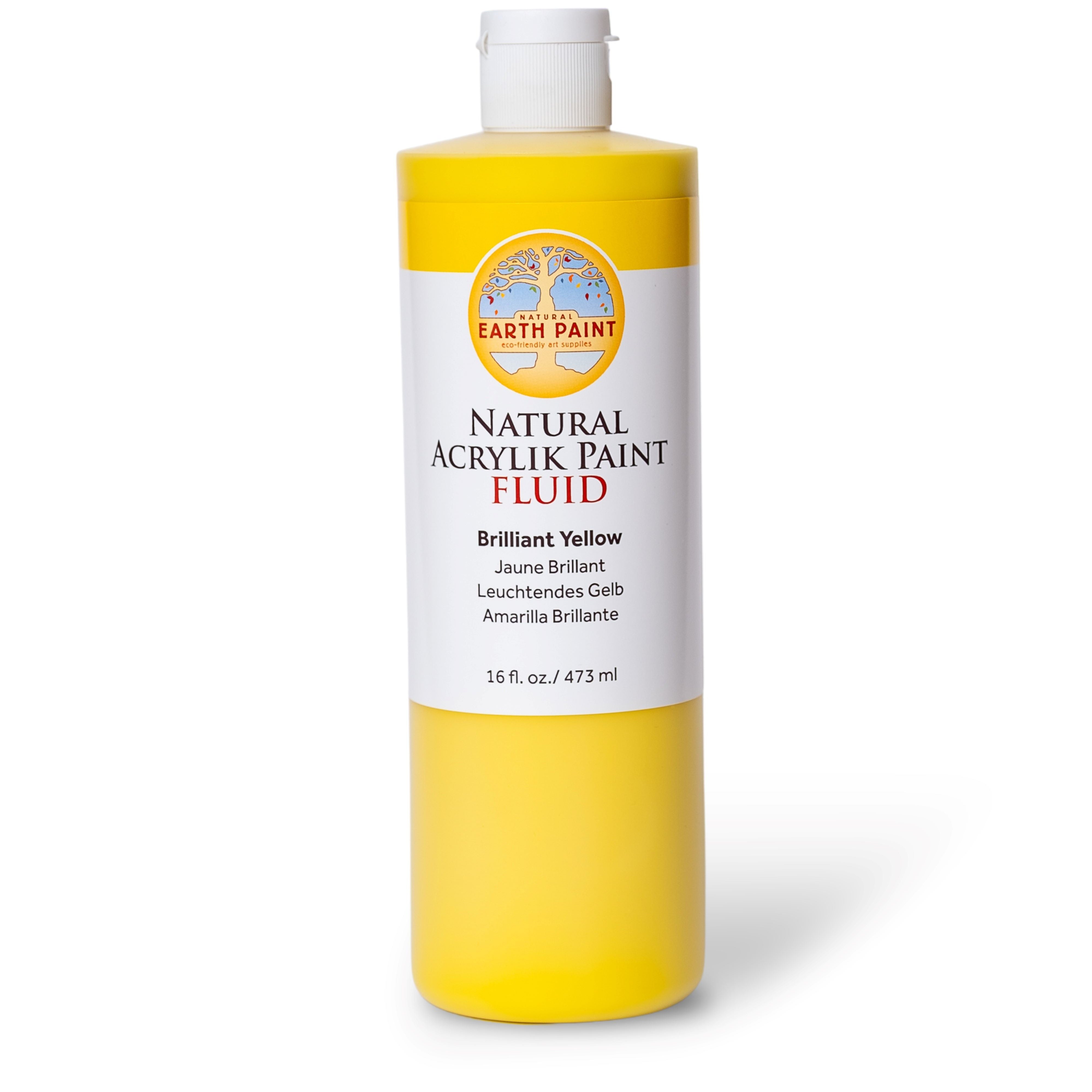 Yellow bottle of Earth Paint natural acrylic paint fluid on a white background