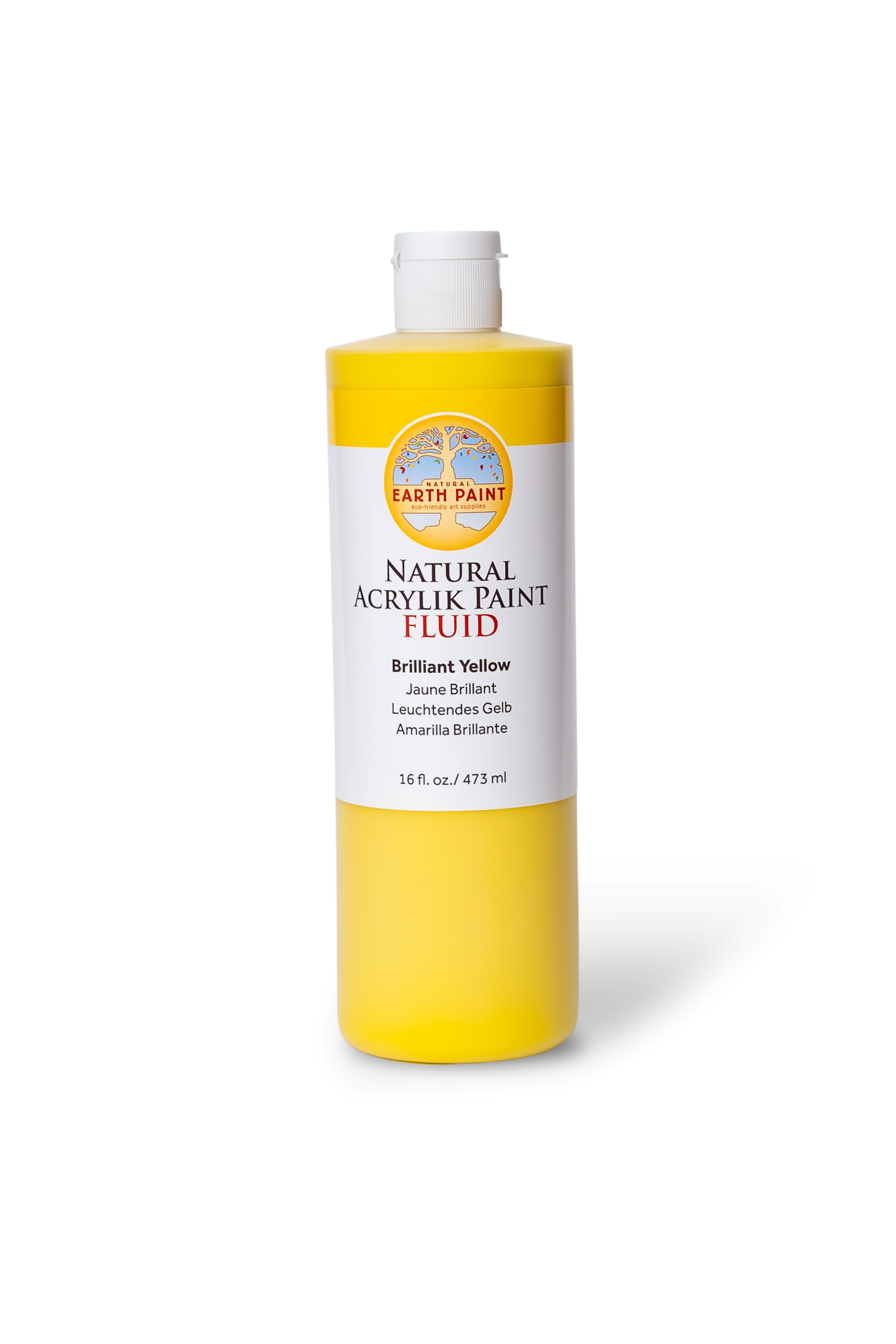 Yellow bottle of Earth Paint natural acrylic paint fluid on a white background