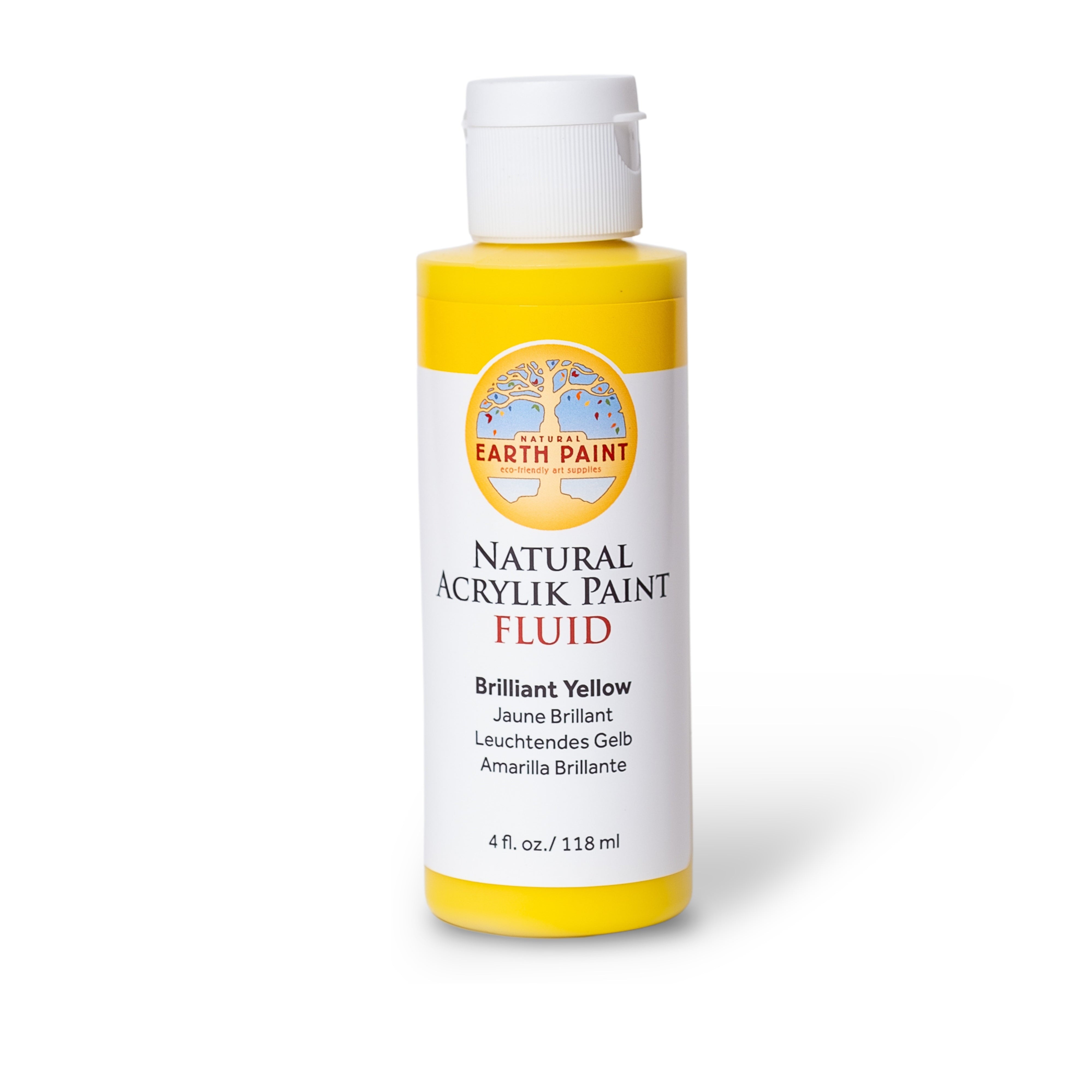 Bottle of Earth Paint natural acrylic paint fluid in Brilliant Yellow on a white background