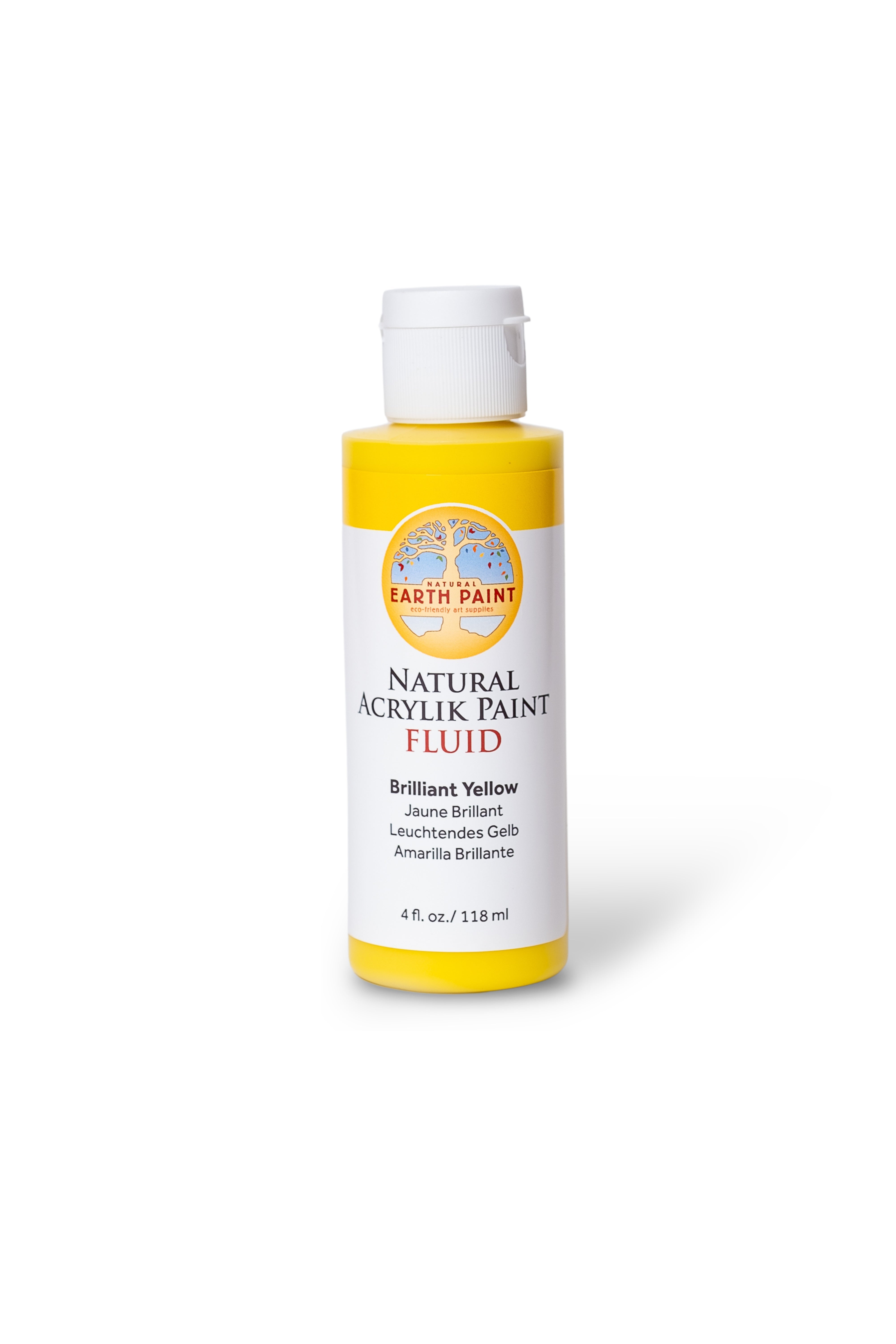 Bottle of Earth Paint natural acrylic paint fluid in Brilliant Yellow on a white background