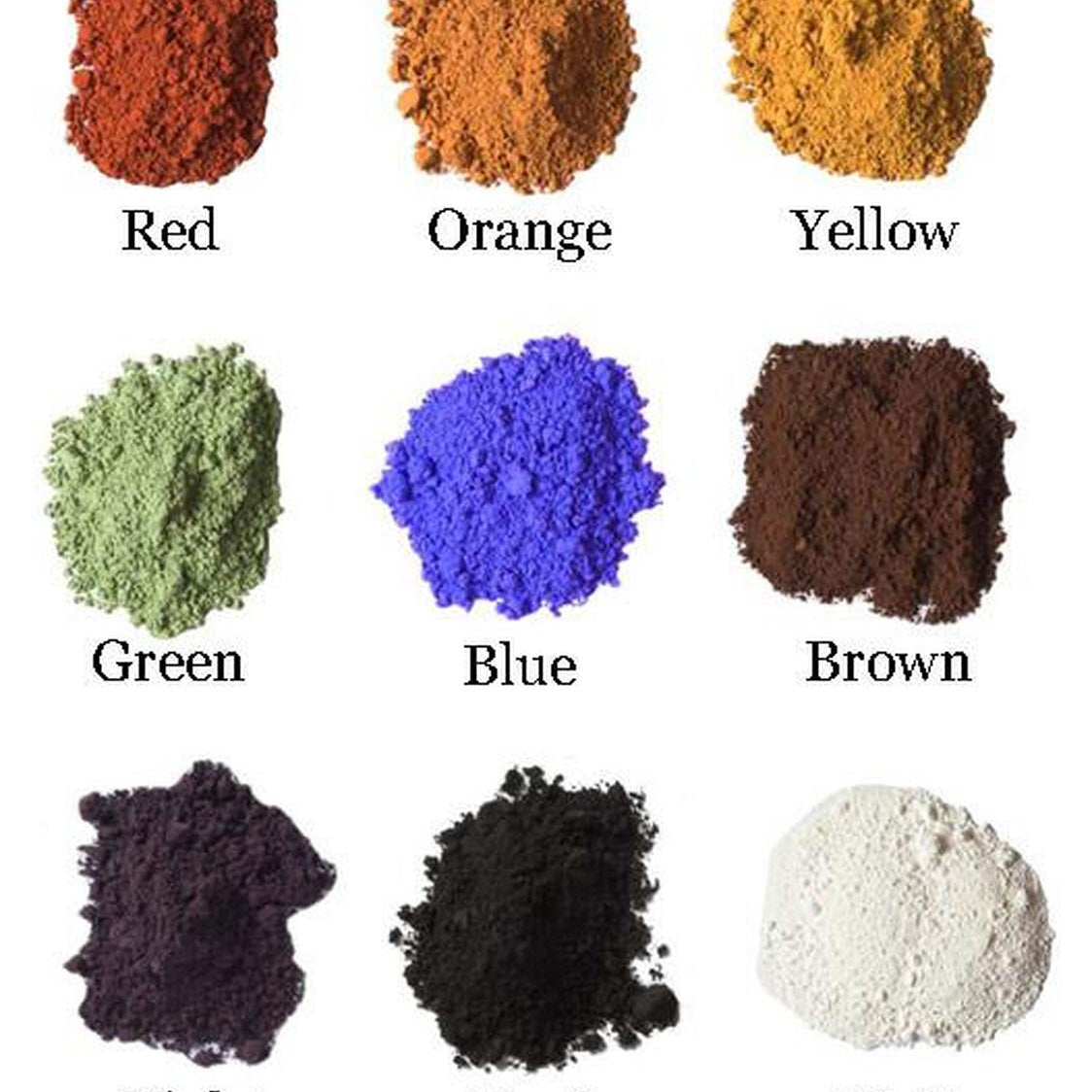 Nine different colored powders labeled from Red to White on a white background