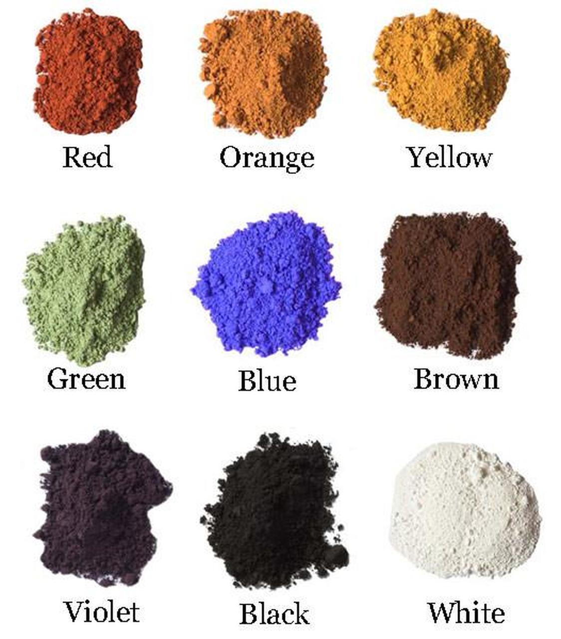 Nine different colored powders labeled from Red to White on a white background