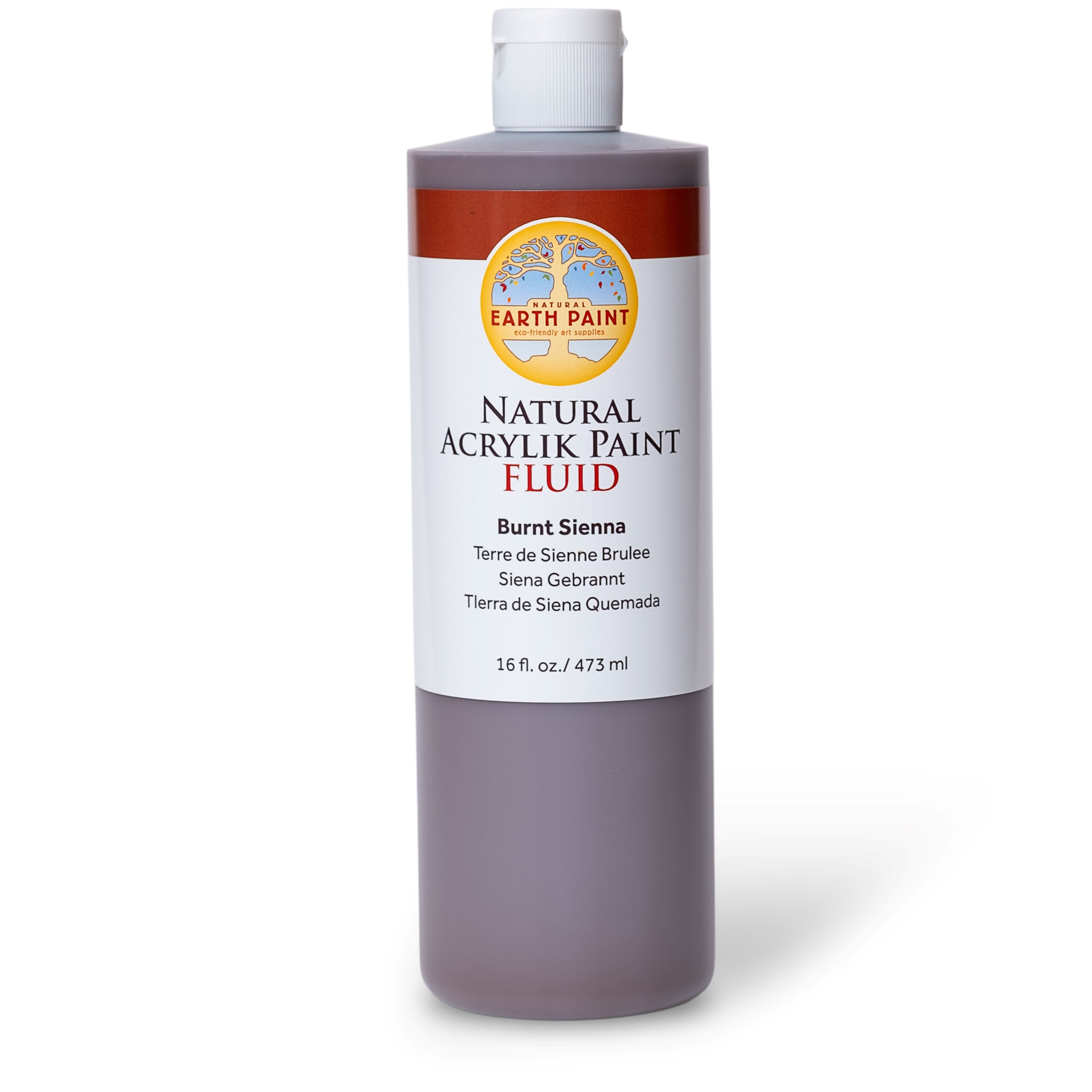 Bottle of Earthly Paint Natural Acrylik Paint Fluid in Burnt Sienna on a white background
