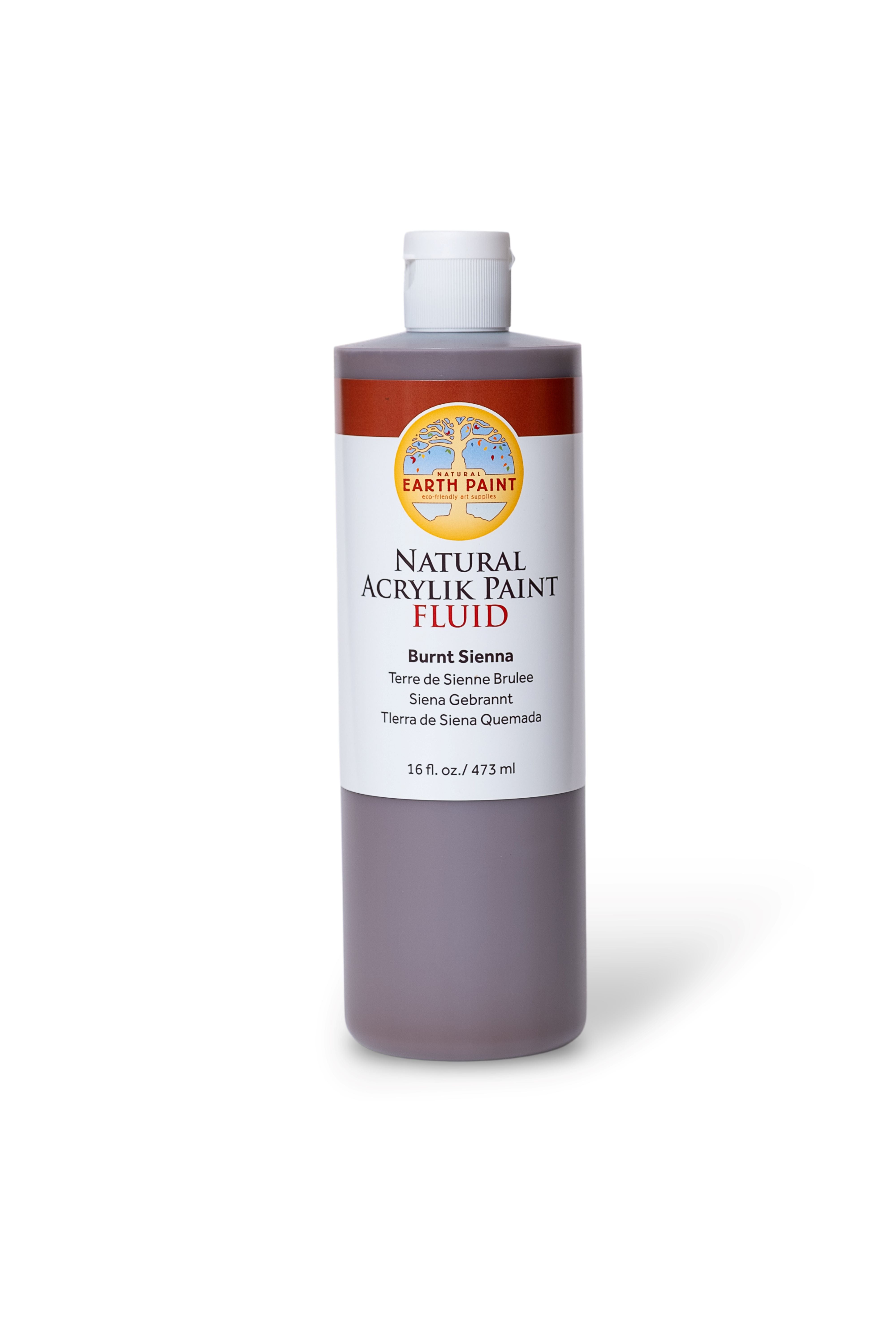 Bottle of Earthly Paint Natural Acrylik Paint Fluid in Burnt Sienna on a white background