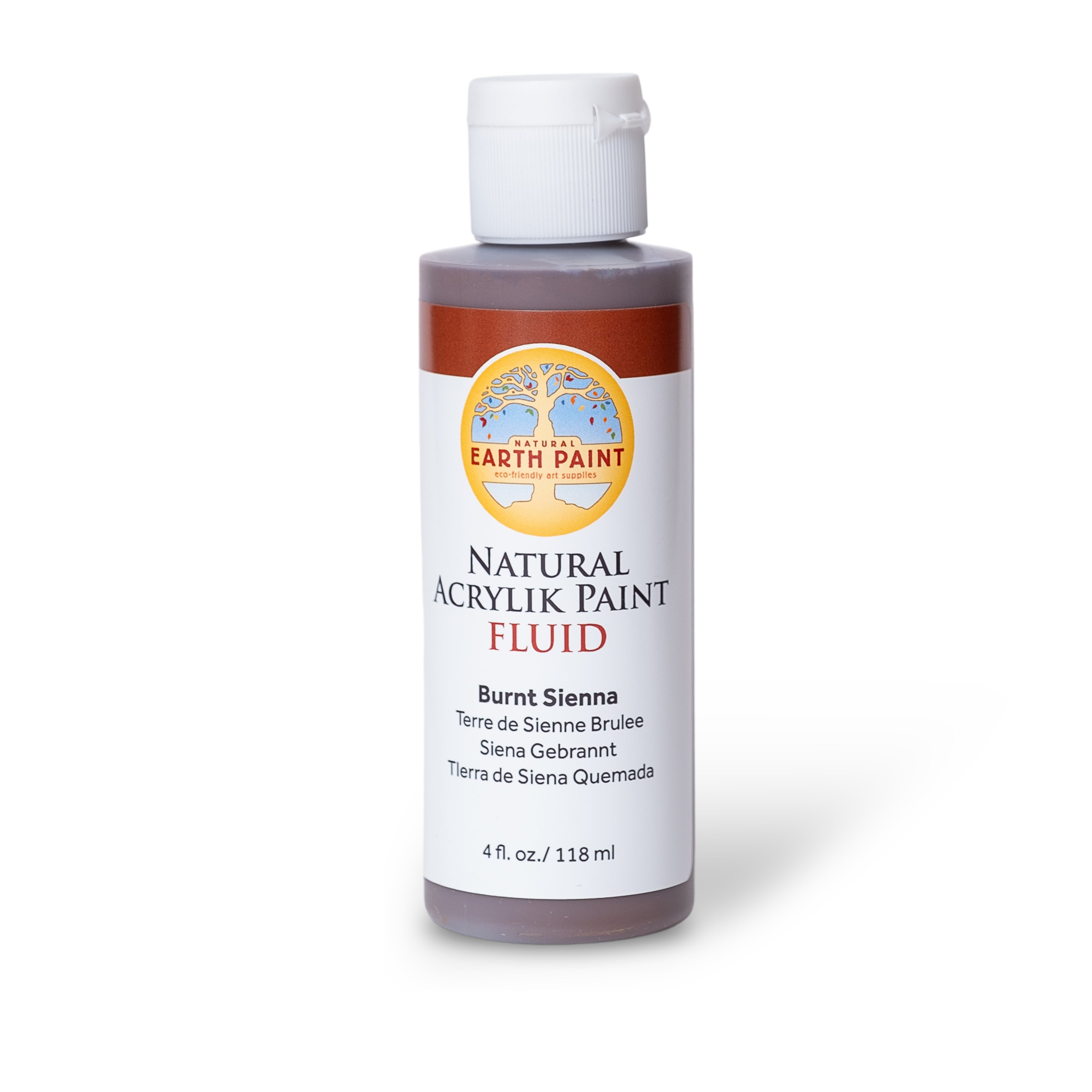 Bottle of Earth Paint Natural Acrylic Paint Fluid in Burnt Sienna on a white background