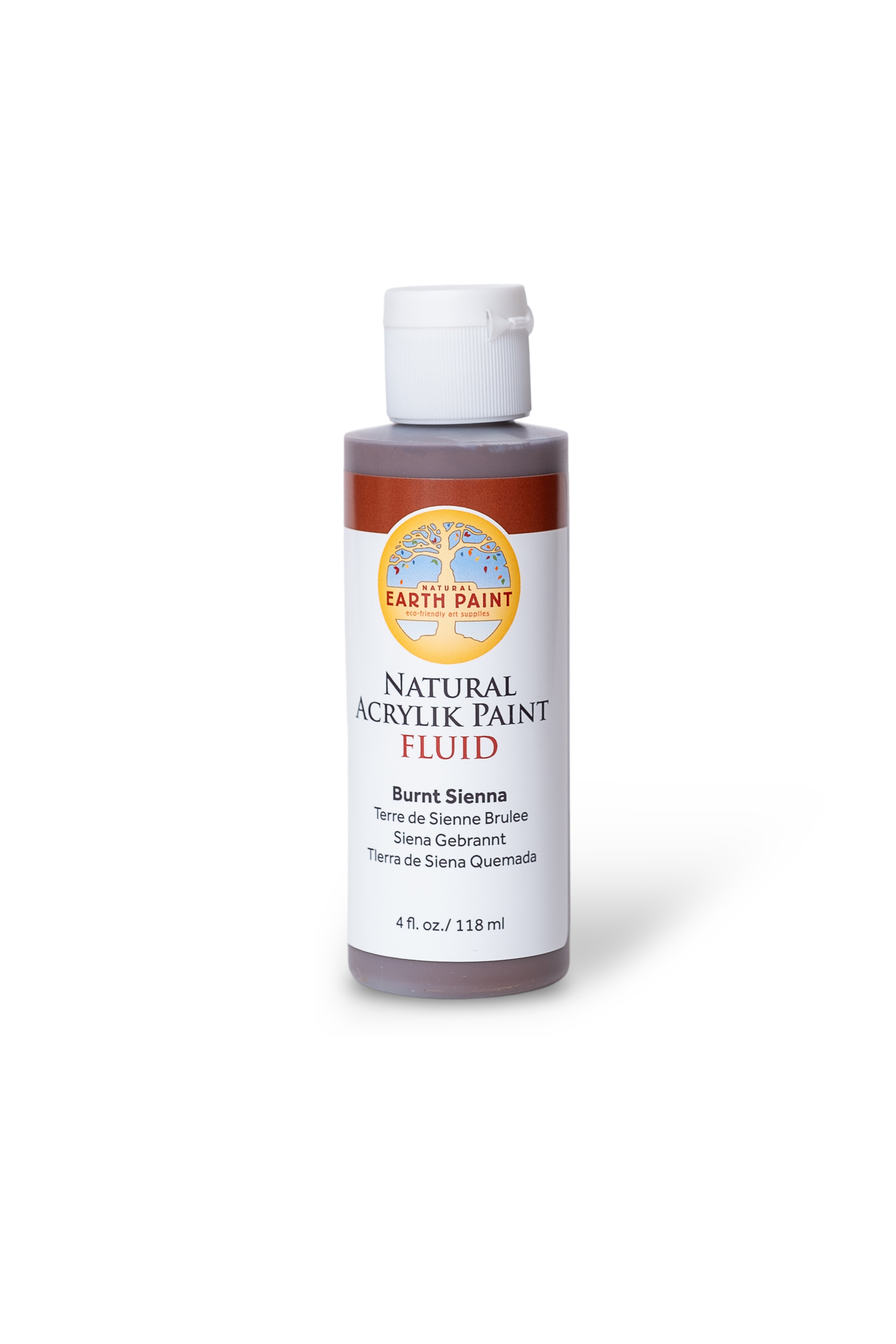 Bottle of Earth Paint Natural Acrylic Paint Fluid in Burnt Sienna on a white background