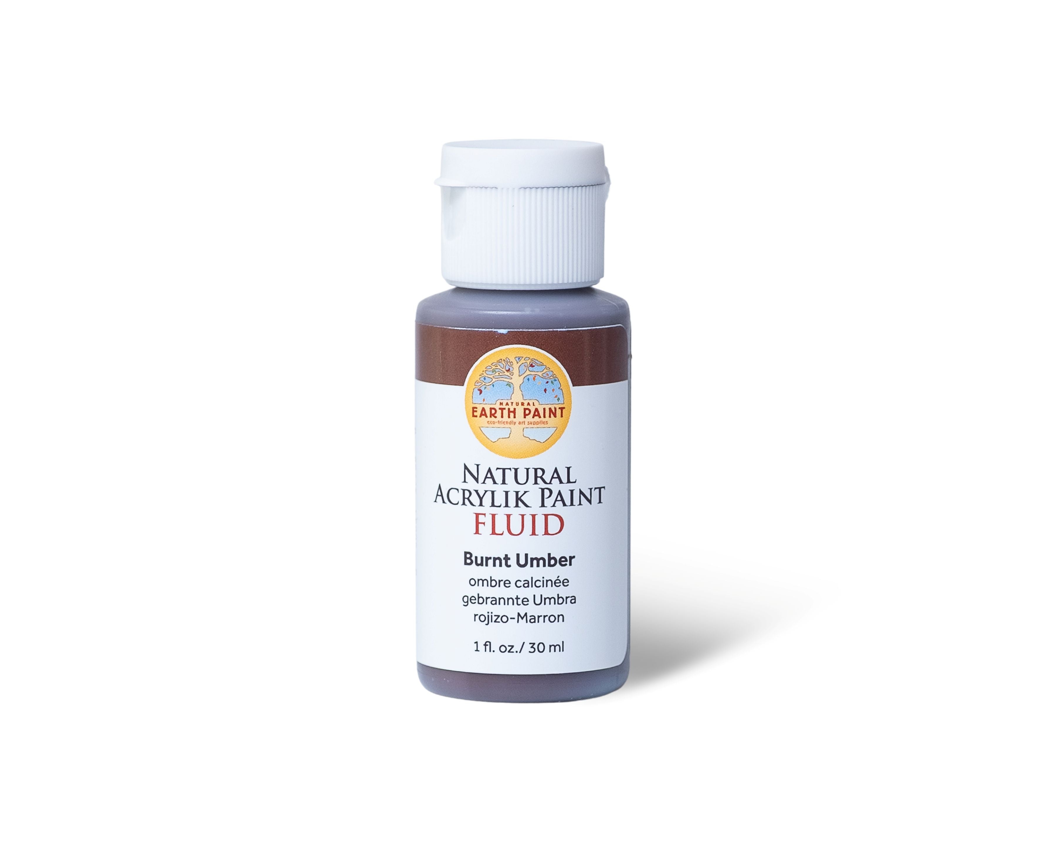 Bottle of Earth Paint Natural Acrylic Paint Fluid in Burnt Umber on a white background