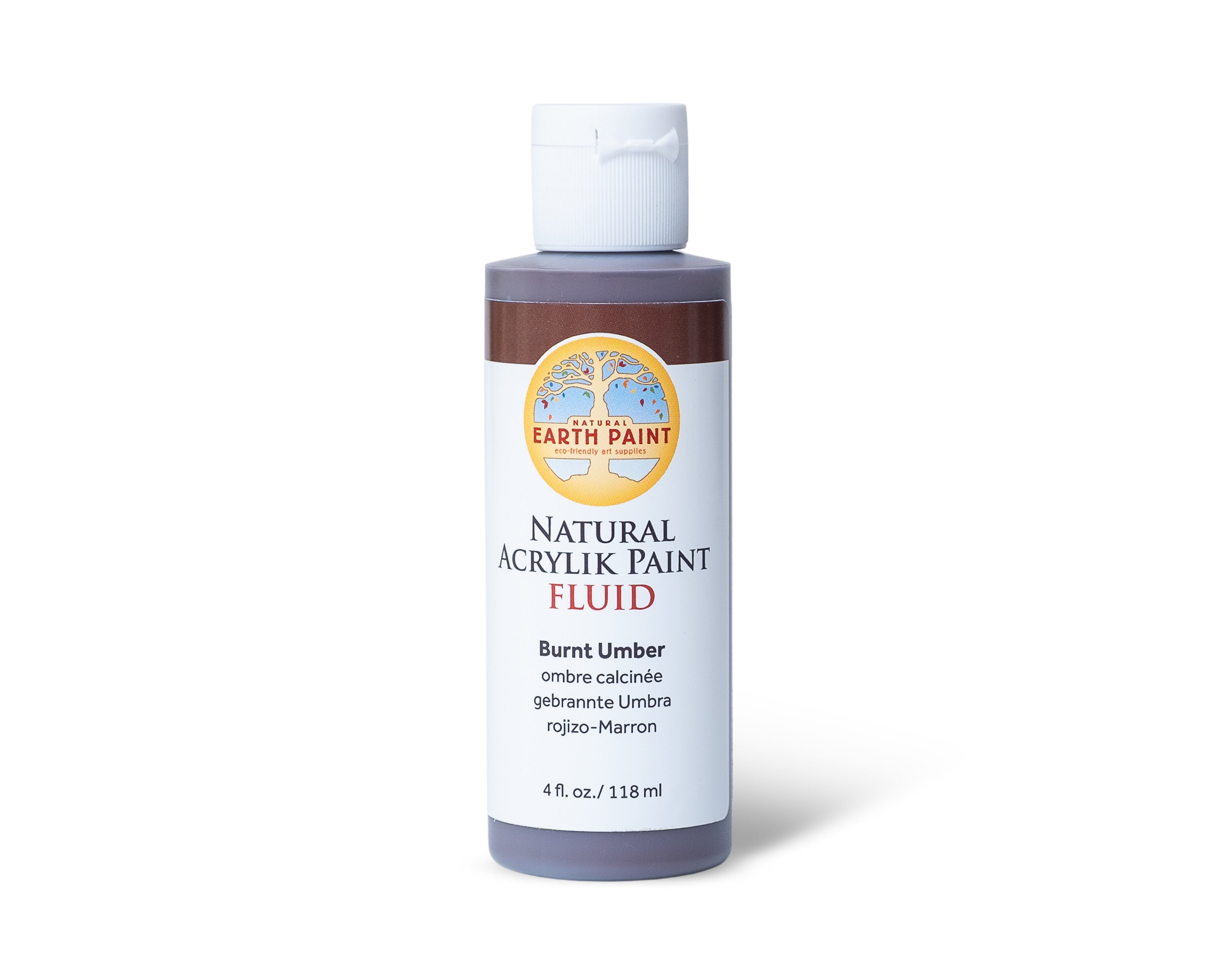 Bottle of Earth Paint natural acrylic paint fluid in Burnt Umber on a white background