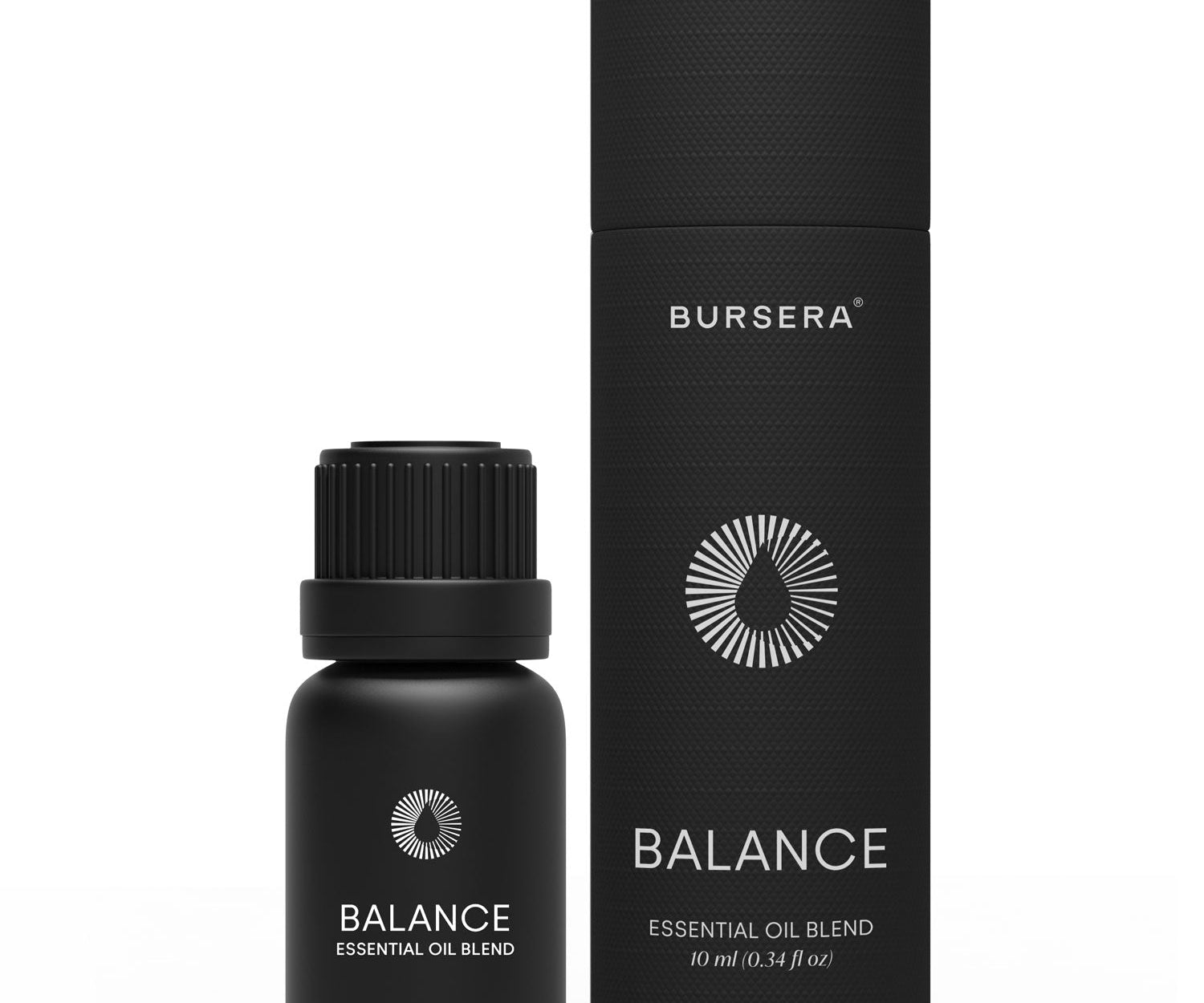 Black essential oil bottle and packaging with 'Bursera' branding on a white background
