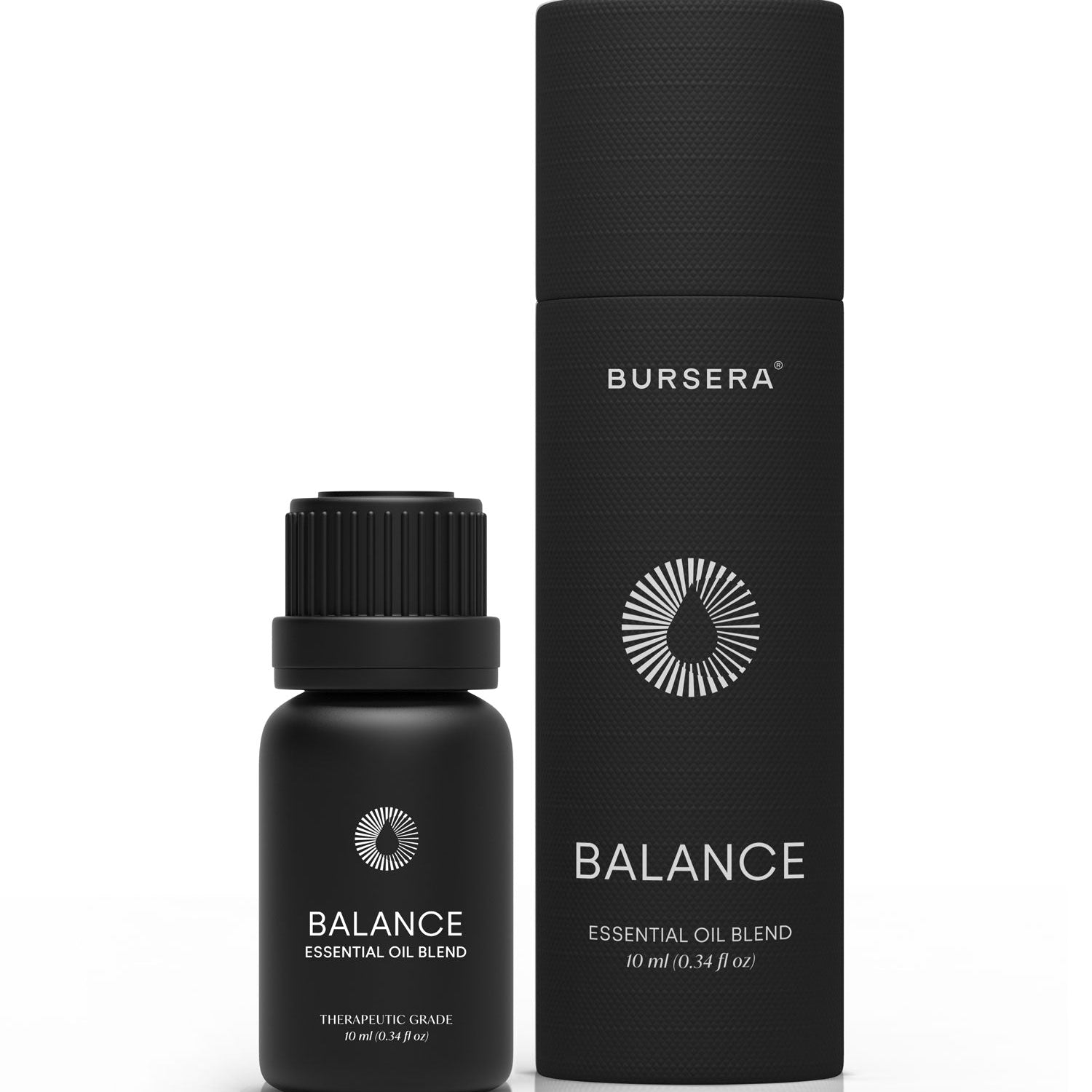 Black essential oil bottle and packaging with 'Bursera' branding on a white background