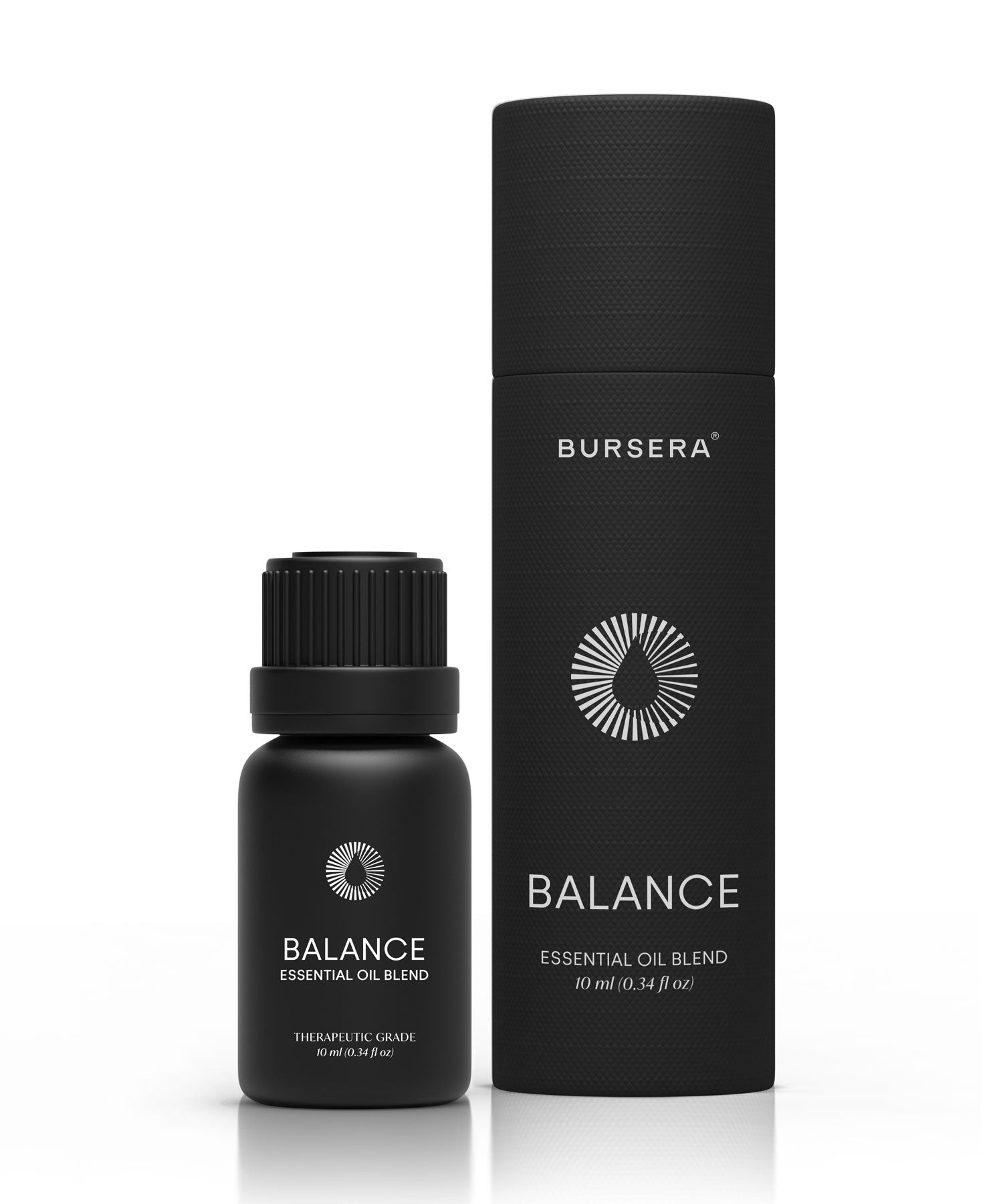 Black essential oil bottle and packaging with 'Bursera' branding on a white background