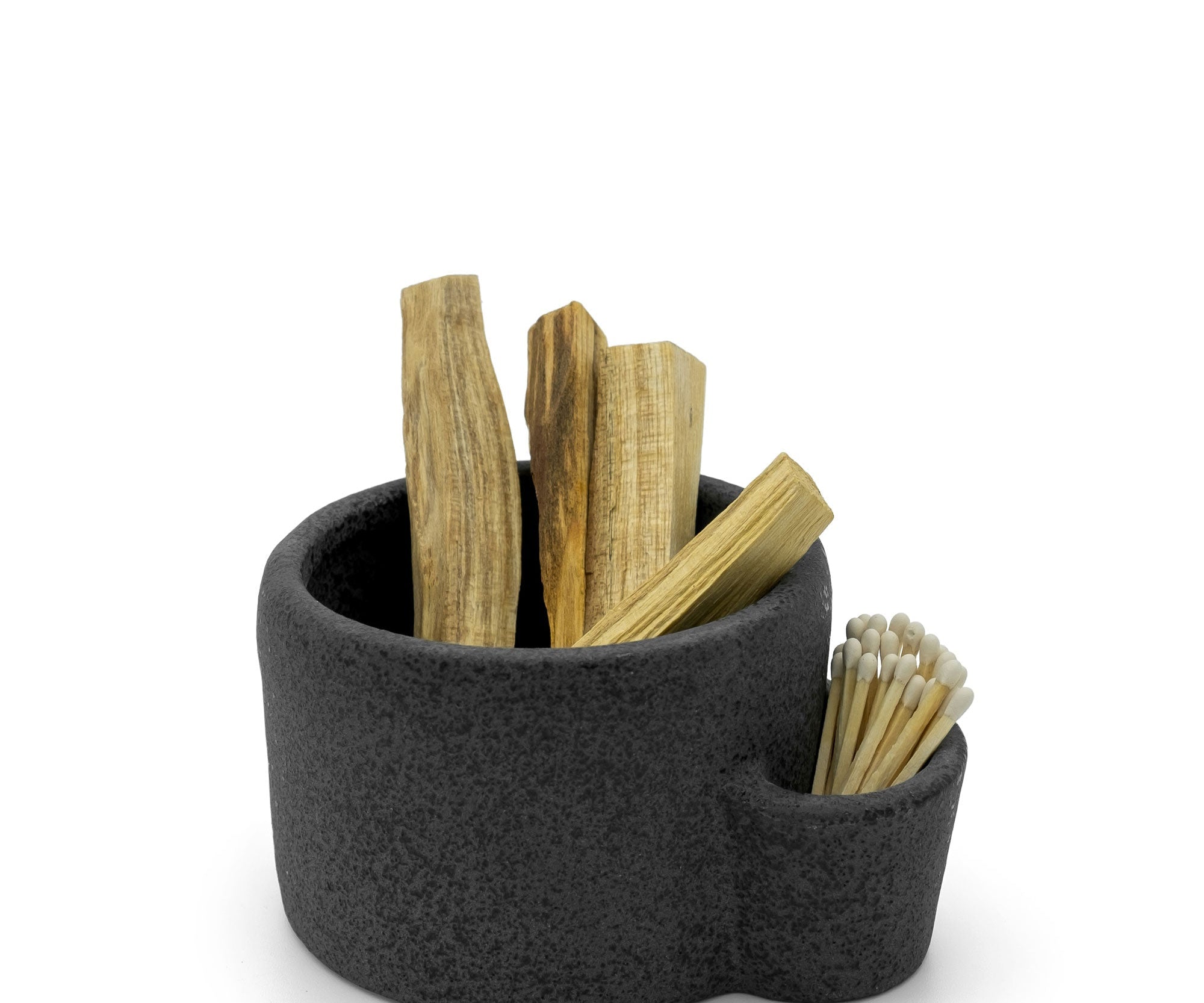 Black felt container with wooden sticks and toothpicks on a white background