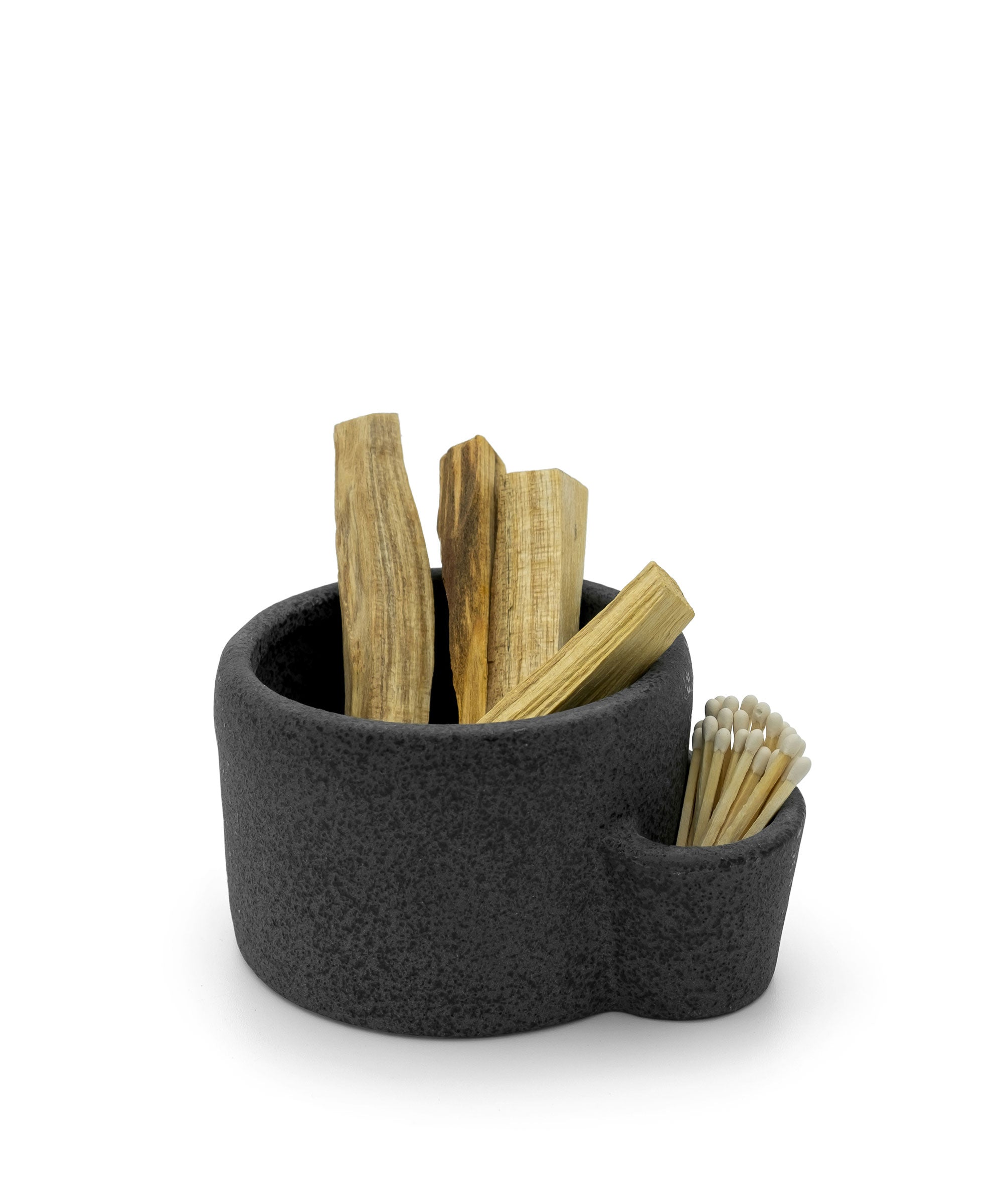 Black felt container with wooden sticks and toothpicks on a white background