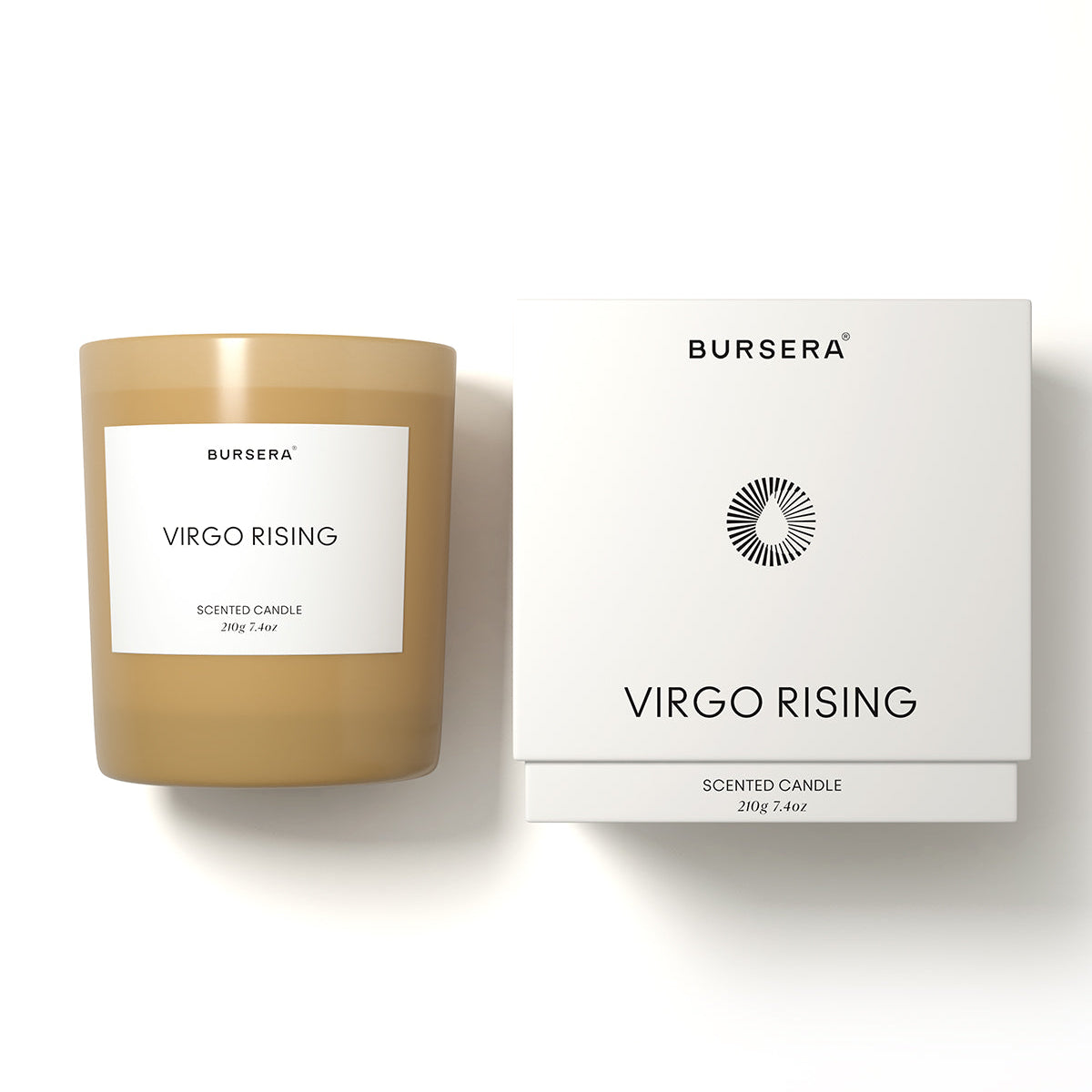 Bursera Desert Rose scented candle and its packaging on a white background