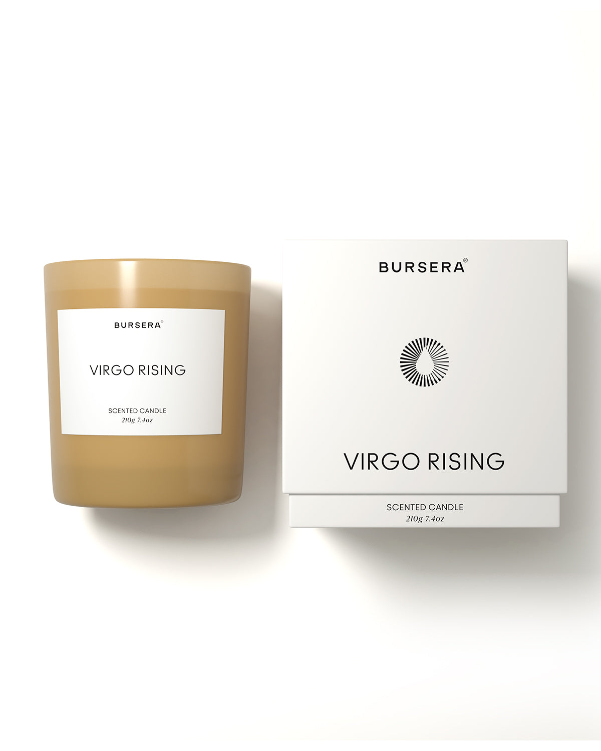 Bursera Desert Rose scented candle and its packaging on a white background