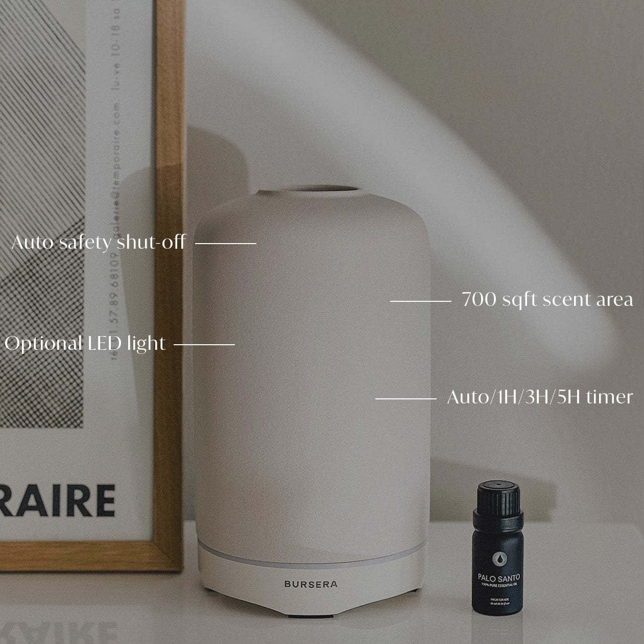 White diffuser with labeled features on a surface next to a framed picture and bottle.