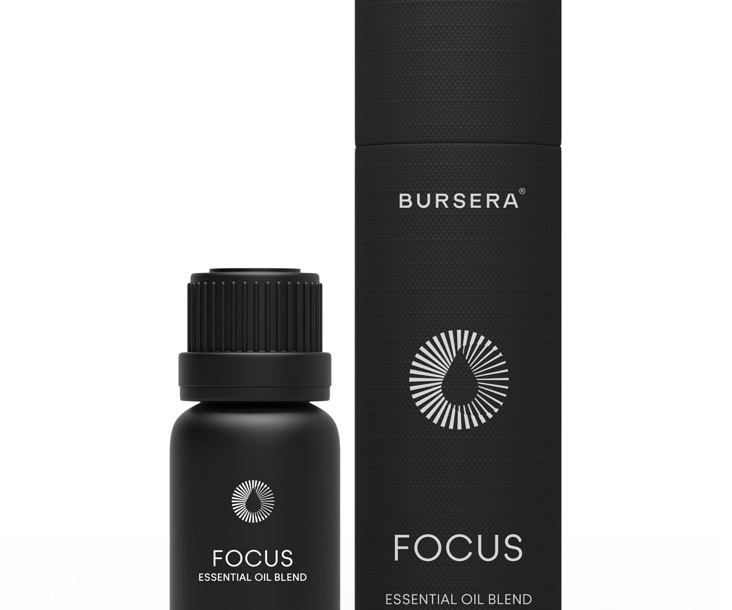 Black essential oil bottle and packaging with 'Bursera' branding on a white background