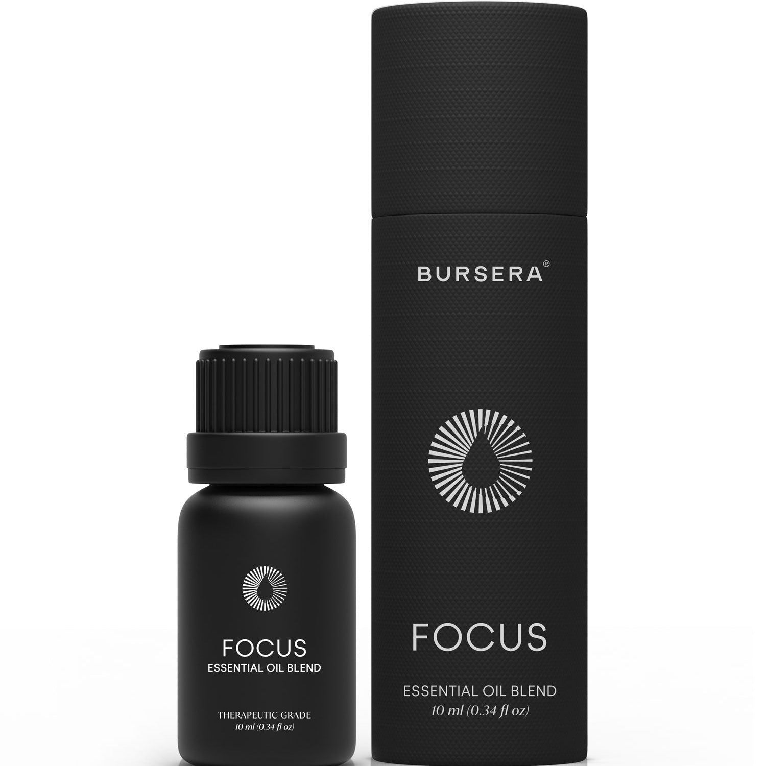 Black essential oil bottle and packaging with 'Bursera' branding on a white background
