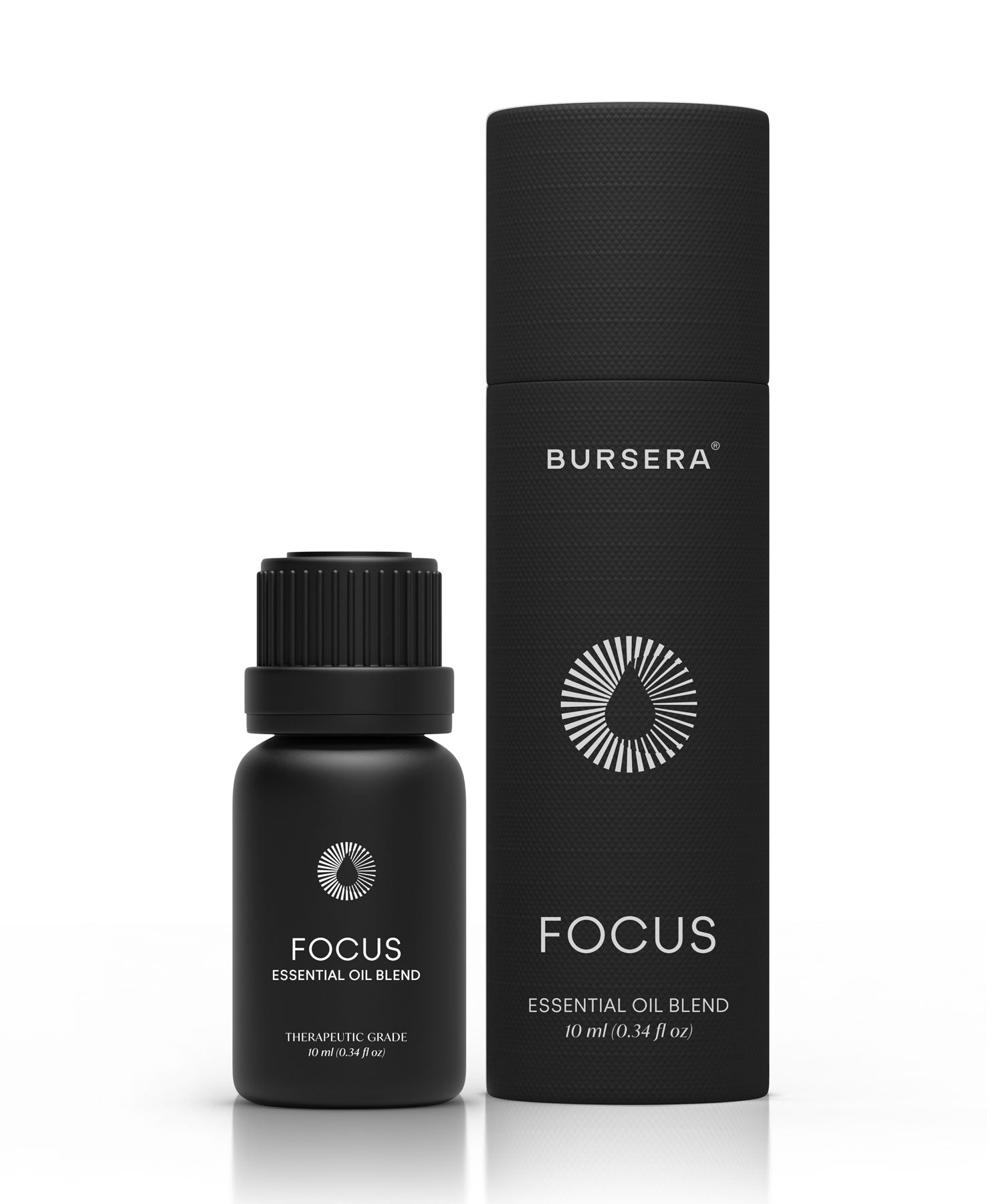 Black essential oil bottle and packaging with 'Bursera' branding on a white background