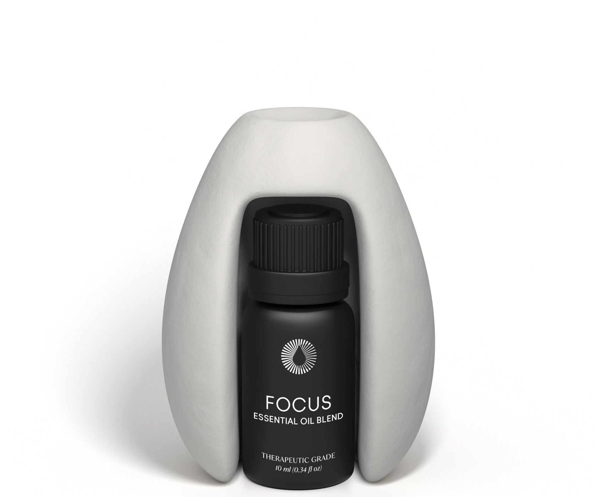 Black essential oil bottle labeled 'Calm' on a white background