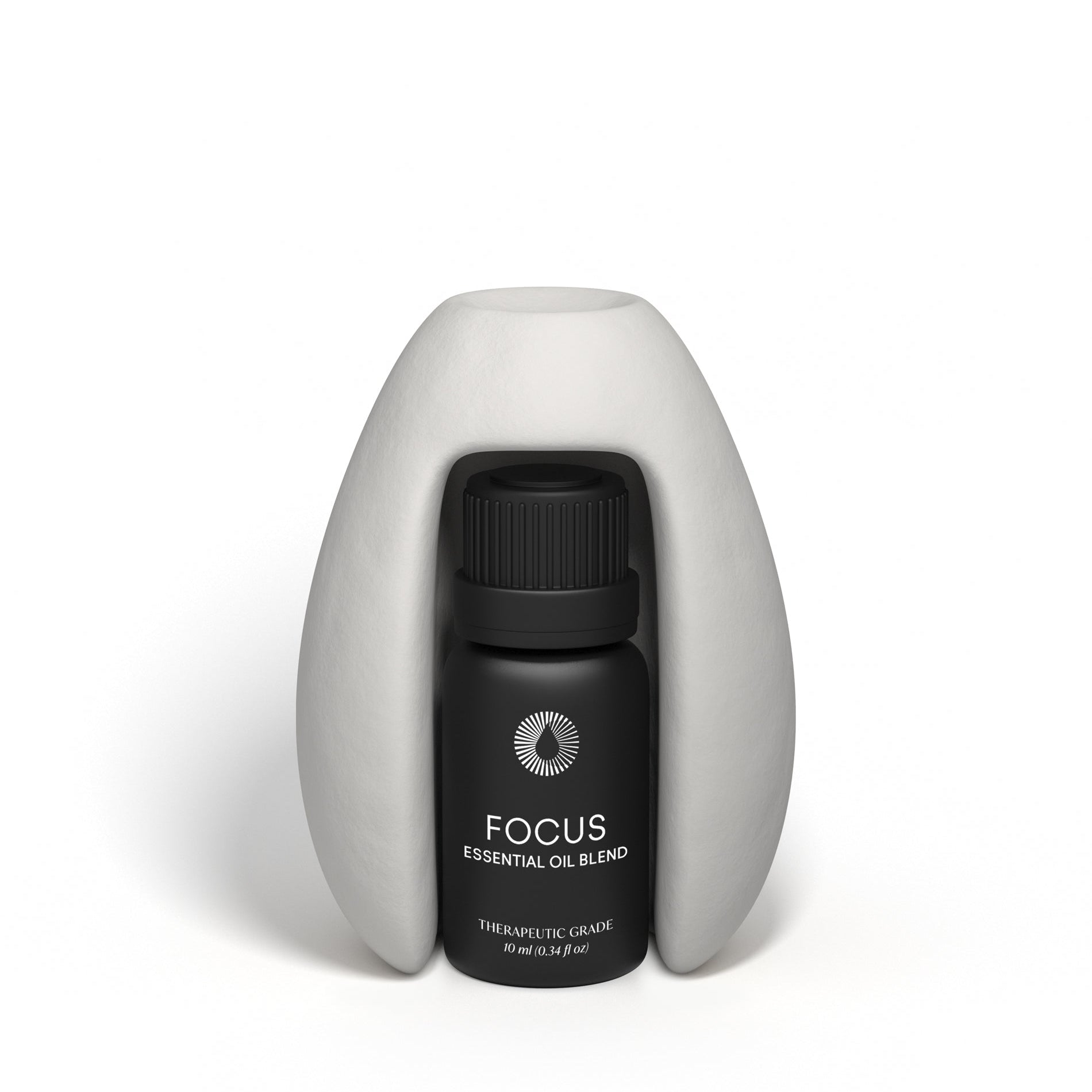 Black essential oil bottle labeled 'Calm' on a white background