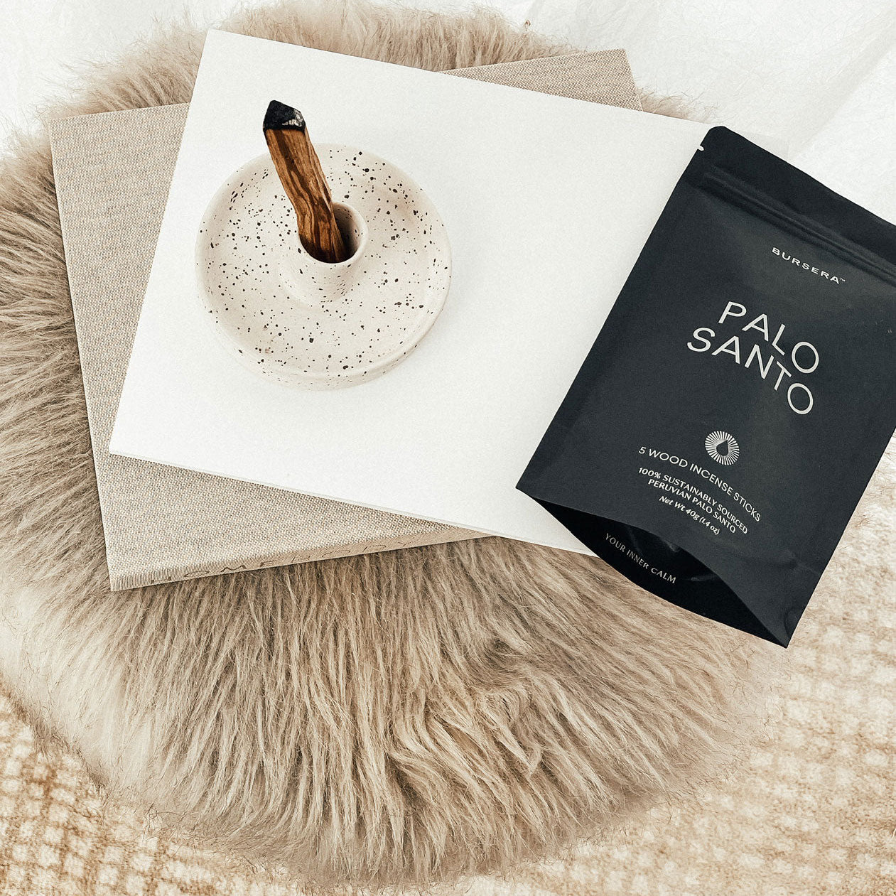 Palo Santo incense stick and packaging on a textured surface