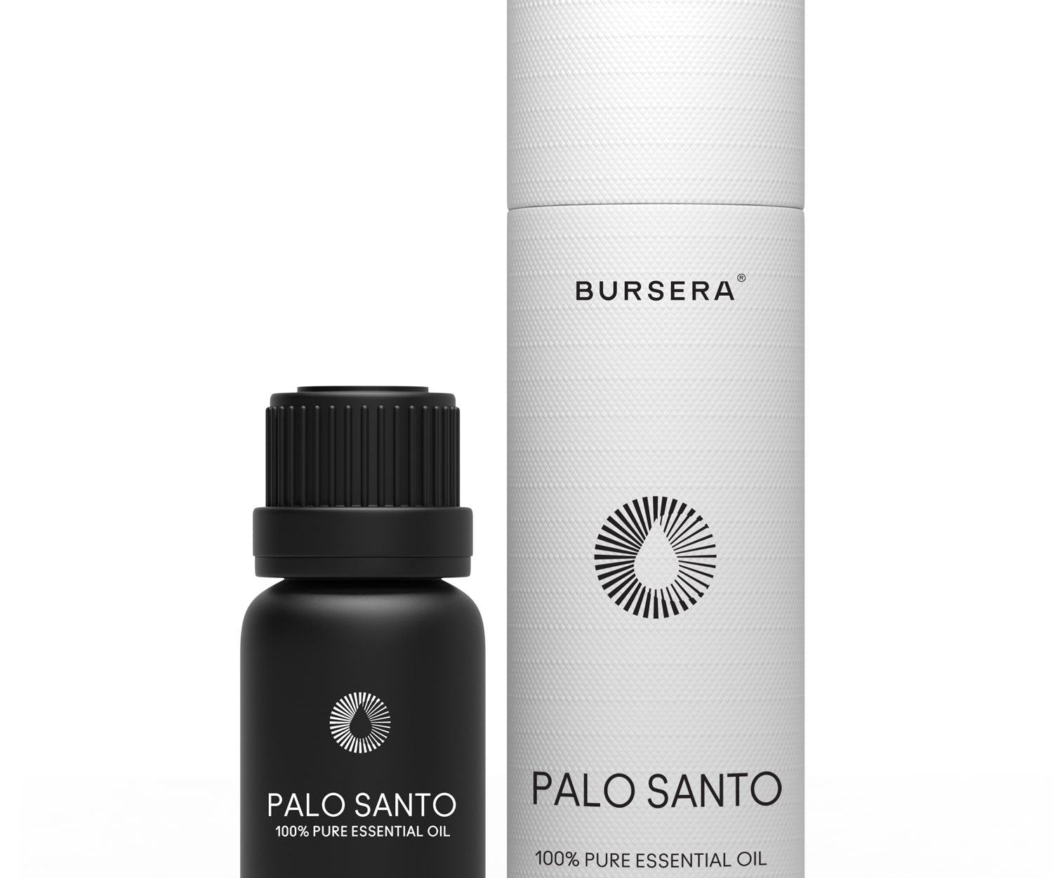 Bursera Palo Santo essential oil bottle and packaging on a white background