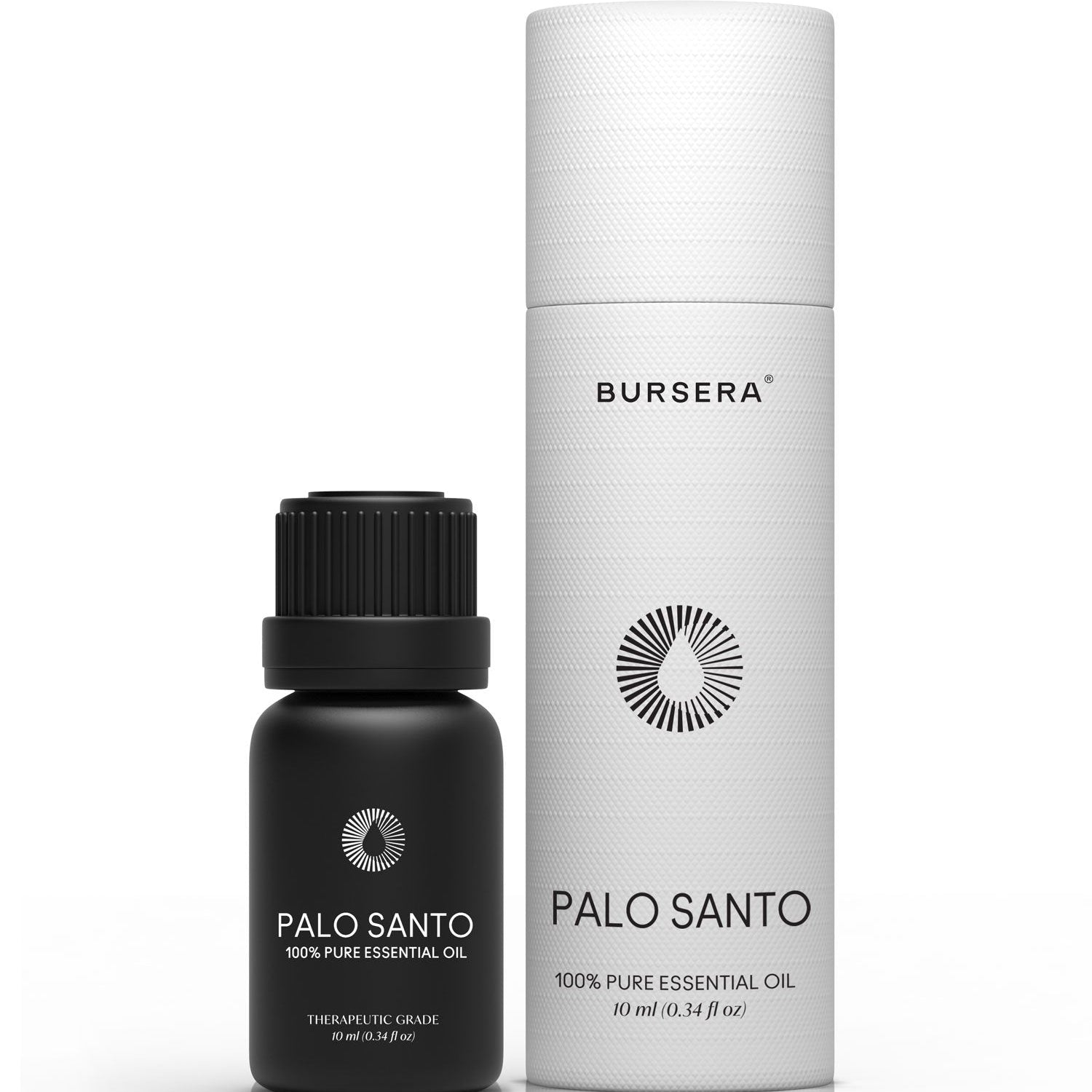 Bursera Palo Santo essential oil bottle and packaging on a white background