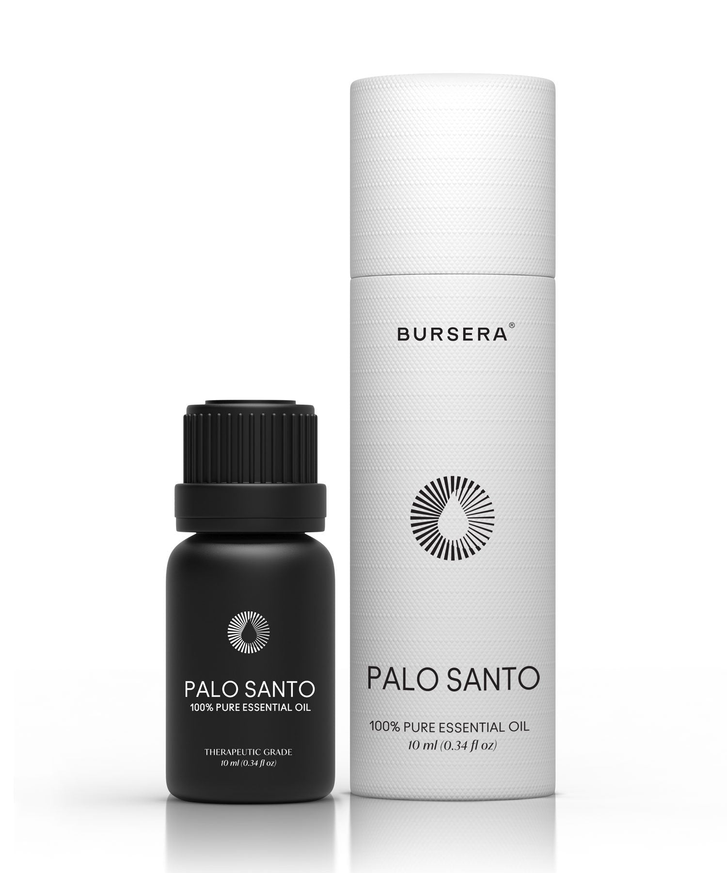 Bursera Palo Santo essential oil bottle and packaging on a white background