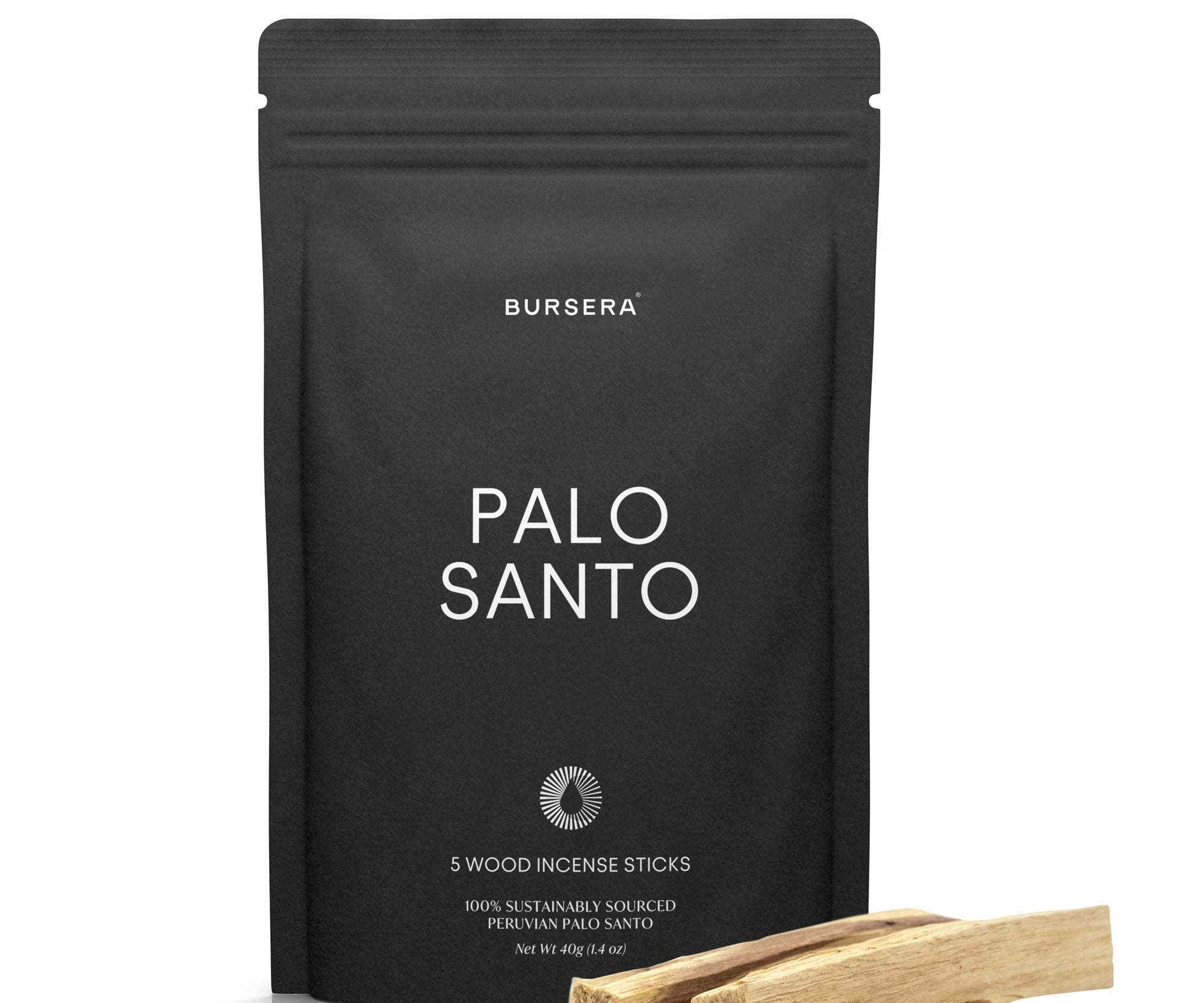 Black package of Bursera Palo Santo incense sticks on a white background
