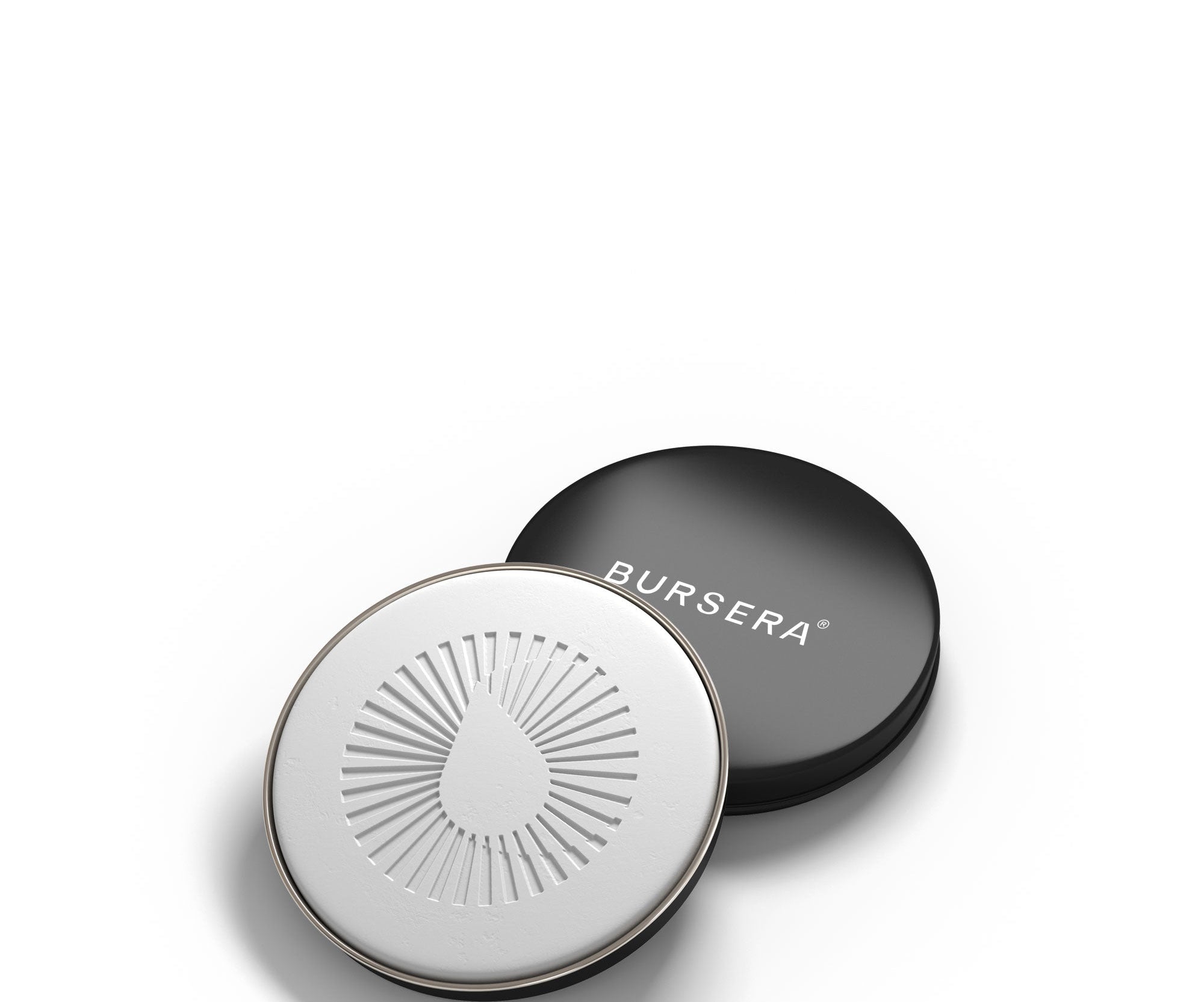 Round white compact with black lid featuring 'Bursera' branding on a white background