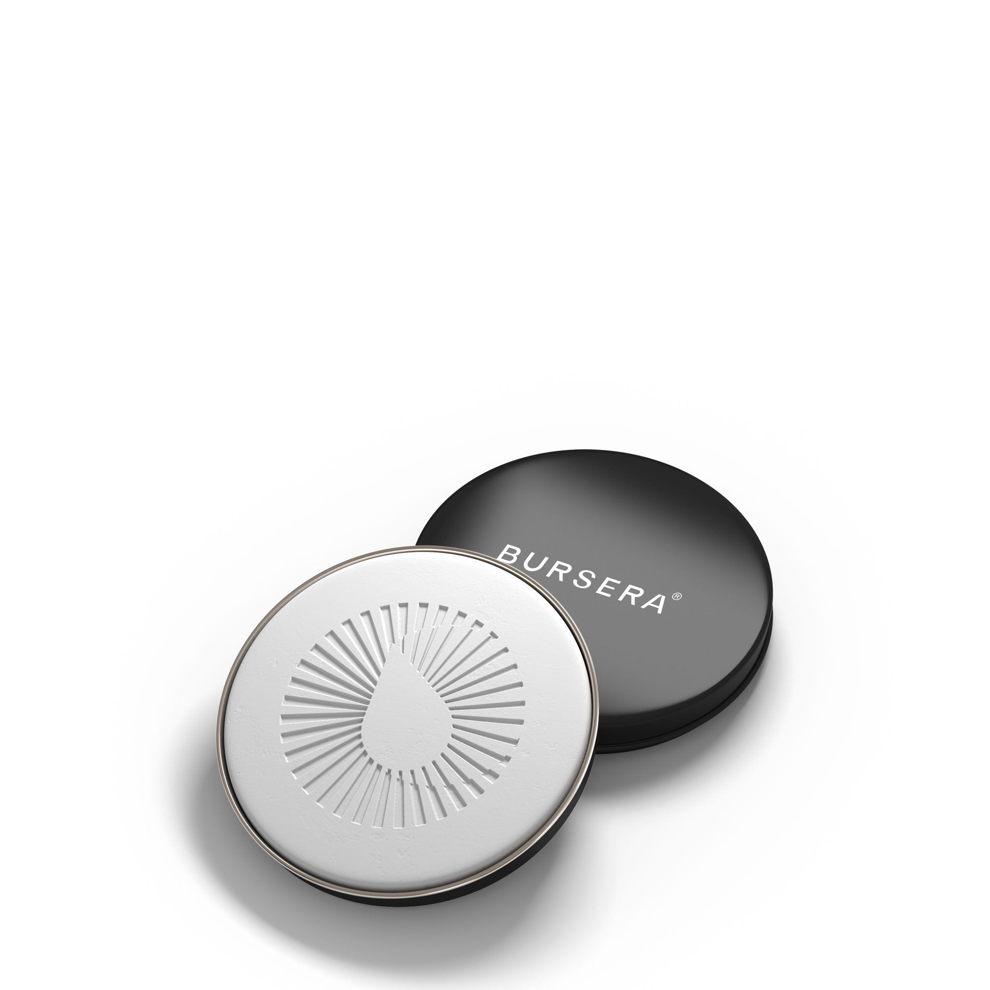 Round white compact with black lid featuring 'Bursera' branding on a white background
