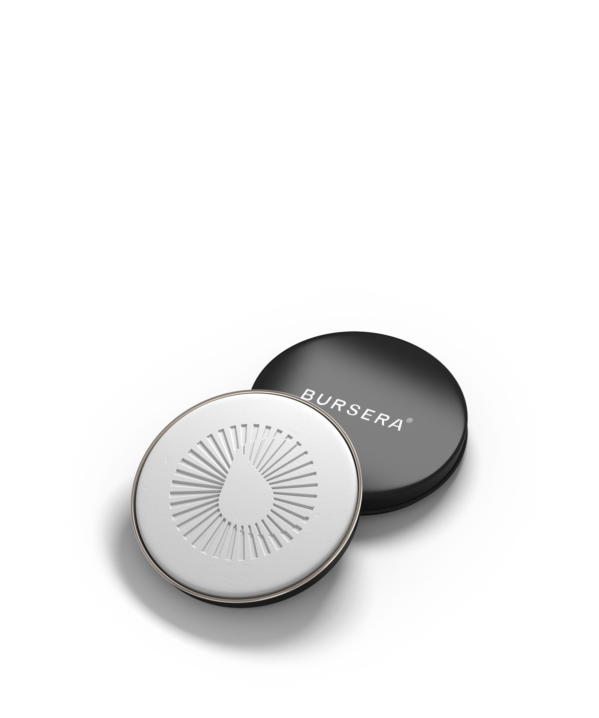 Round white compact with black lid featuring 'Bursera' branding on a white background
