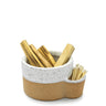 Ceramic holder with wooden sticks on a white background