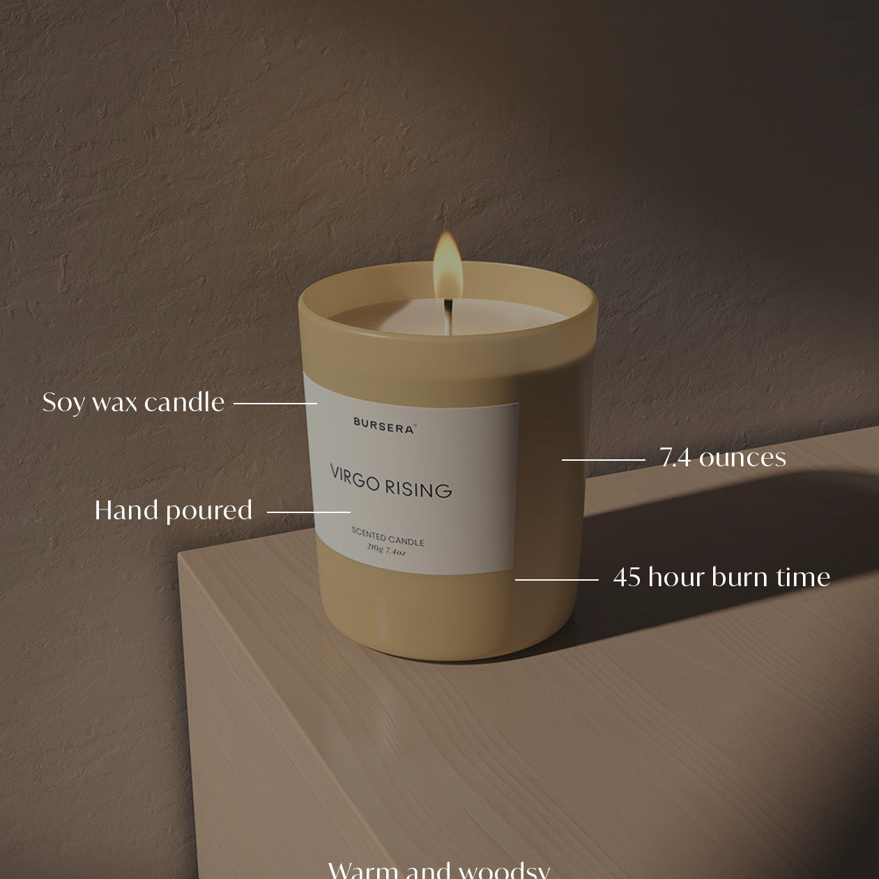 Soy wax candle labeled with details on a wooden surface