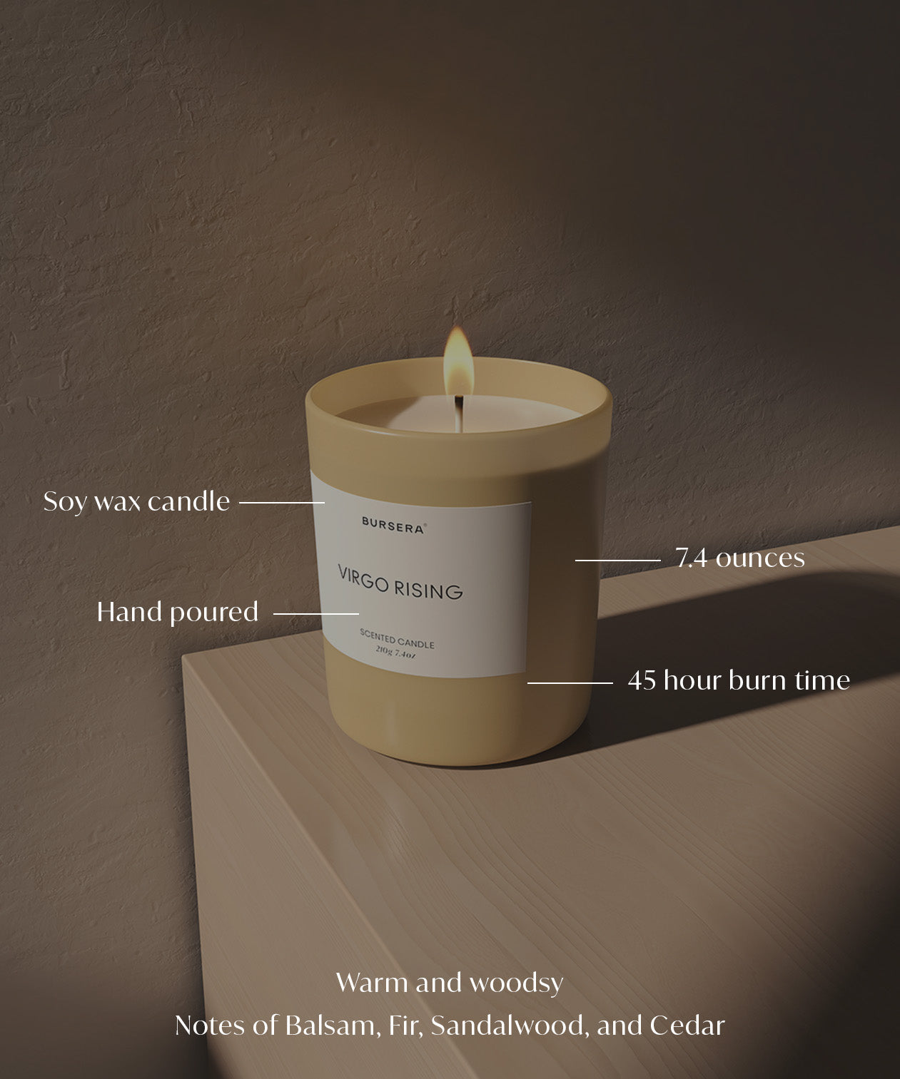 Soy wax candle labeled with details on a wooden surface