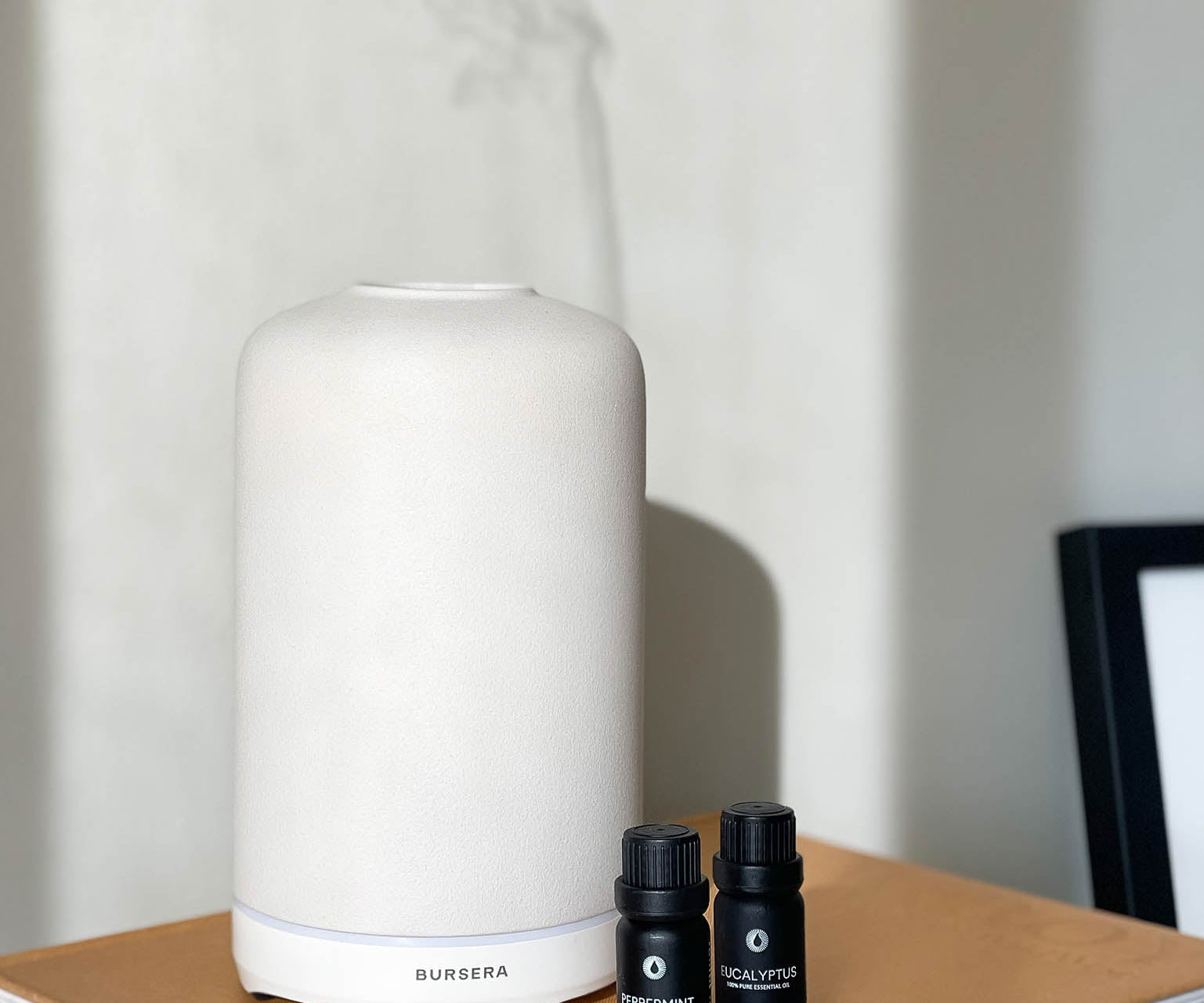 White diffuser and black essential oil bottles on a wooden surface with a neutral background