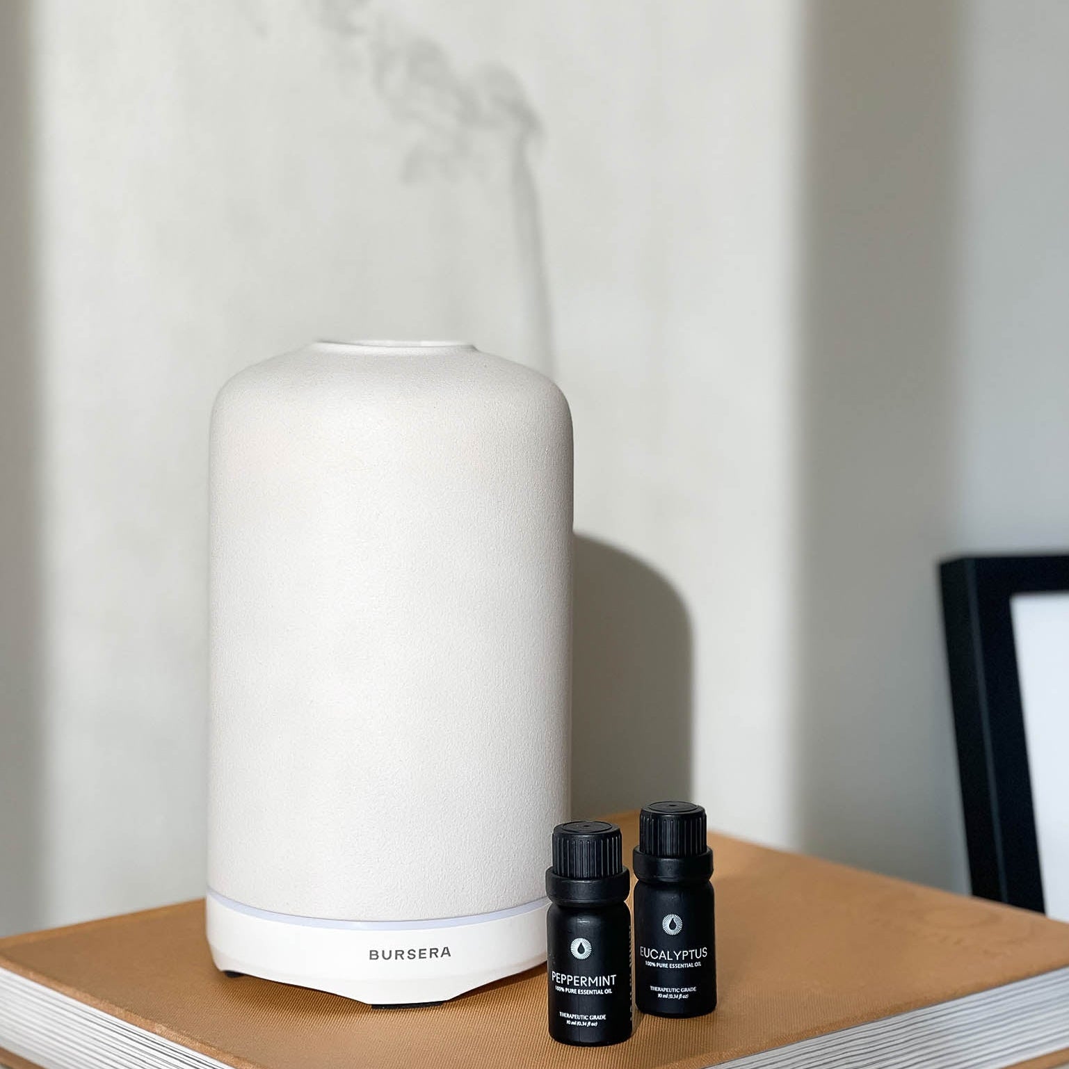 White diffuser and black essential oil bottles on a wooden surface with a neutral background