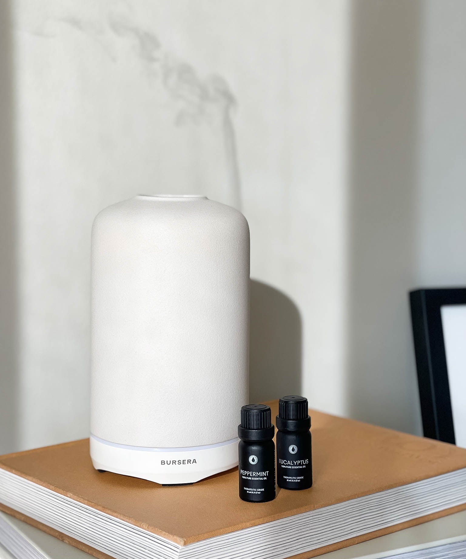 White diffuser and black essential oil bottles on a wooden surface with a neutral background