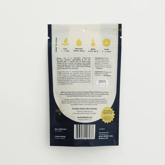 Back view of a tea package with text and branding on a white background
