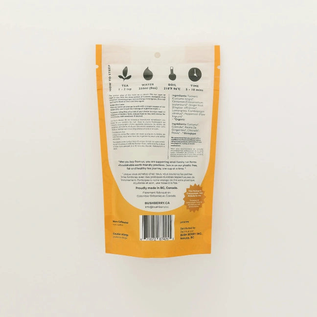 Bush Berry Organic Golden Tonic loose leaf tea Turmeric ginger cinnamon herbal tea back label on white