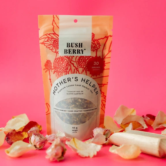 Bush Berry Mother’s Helper postpartum herbal tea packaging