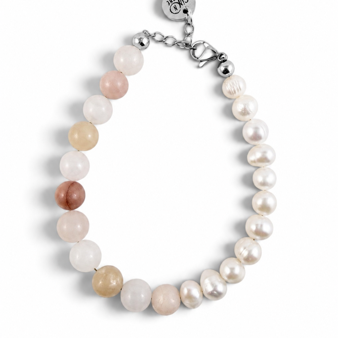 Peaches and Cream Peach aventurine and Freshwater pearl bracelet from Six N Stone with silver coloured clasp