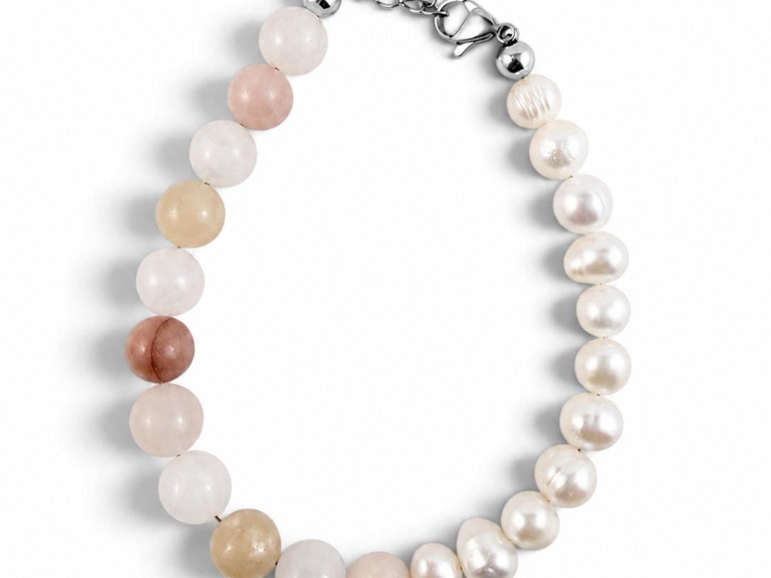 Peaches and Cream Peach aventurine and Freshwater pearl bracelet from Six N Stone with silver coloured clasp