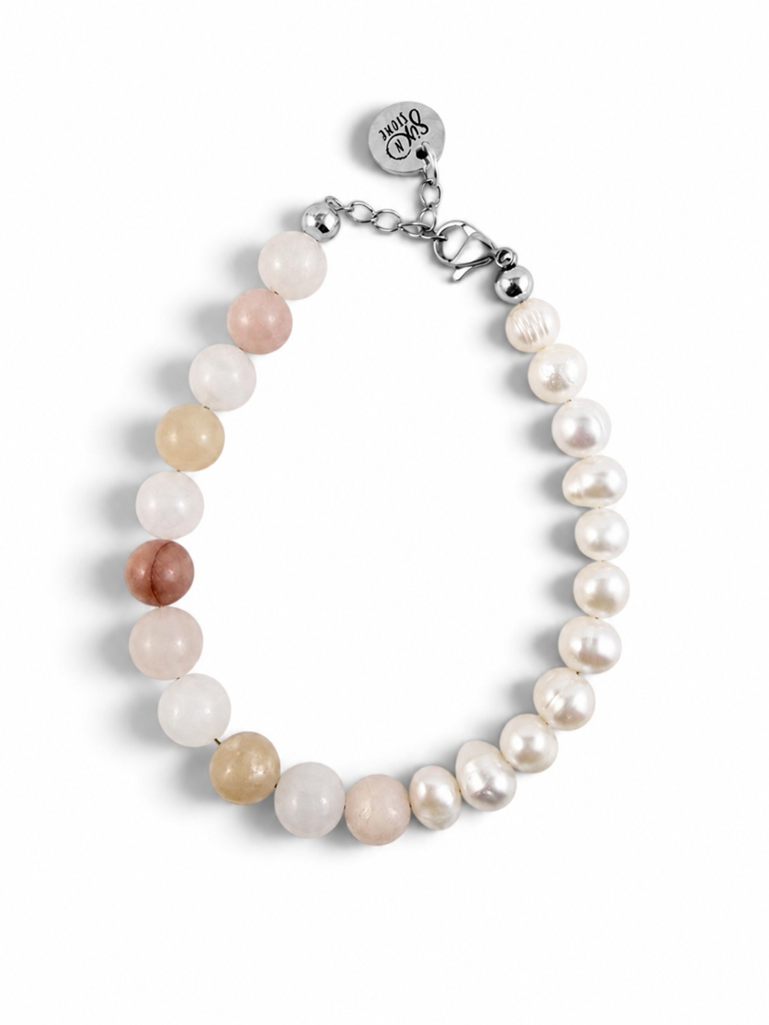 Peaches and Cream Peach aventurine and Freshwater pearl bracelet from Six N Stone with silver coloured clasp