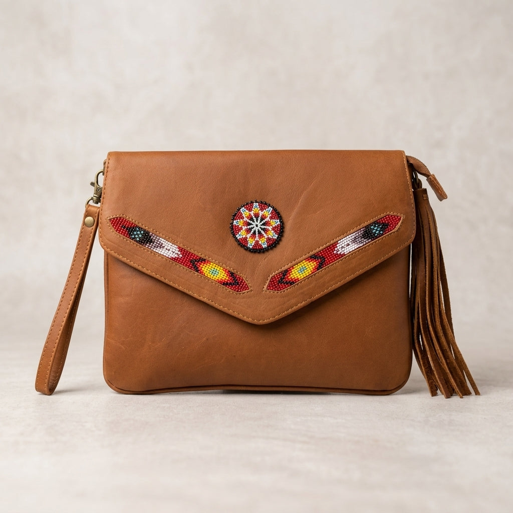 OldTribes A tan leather crossbody bag with a flap closure, decorated with a central circular beaded medallion and matching beaded arrowhead designs on the flap. The bag features a wrist strap, a long leather tassel, and brass-tone hardware, set against a neutral textured beige background.