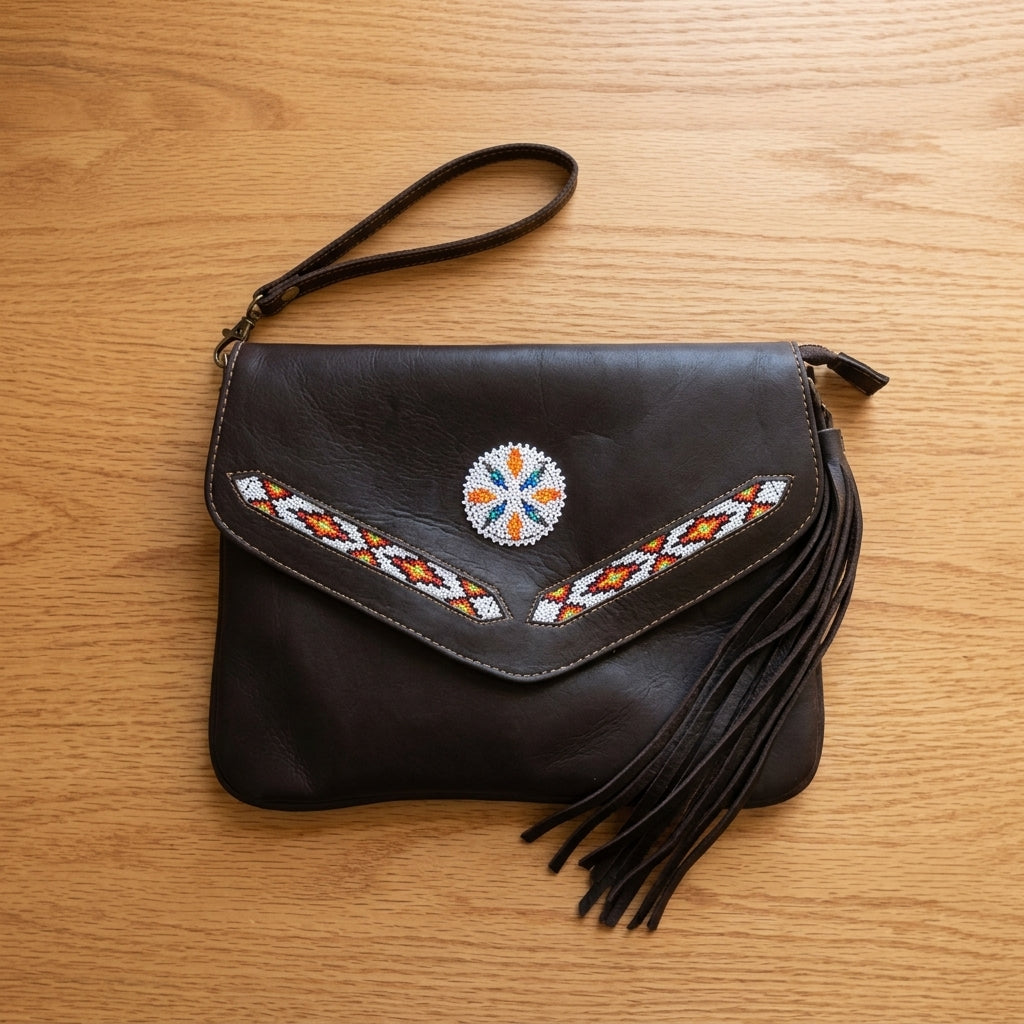 A dark brown leather clutch bag with a wrist strap, featuring a central circular bead design and matching chevron bead patterns on the flap, finished with long black leather tassels, laid flat on a light wood surface.